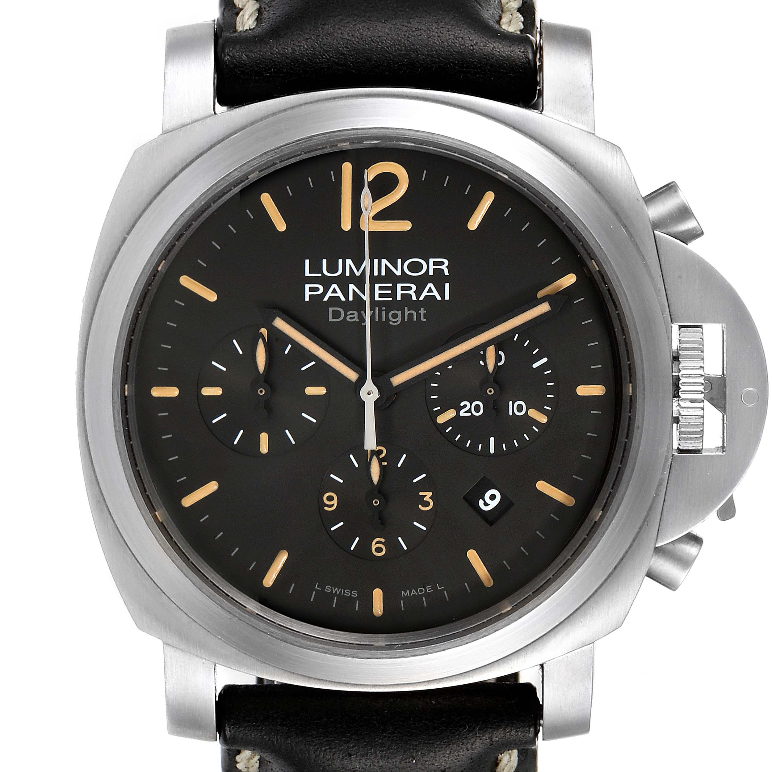 The image shows a front-facing view of a Panerai Luminor PAM00356 Men's Stainless Steel Black Dial PAM00356 Men's Stainless Steel Black Dial watch, highlighting its dial, case, and leather strap.