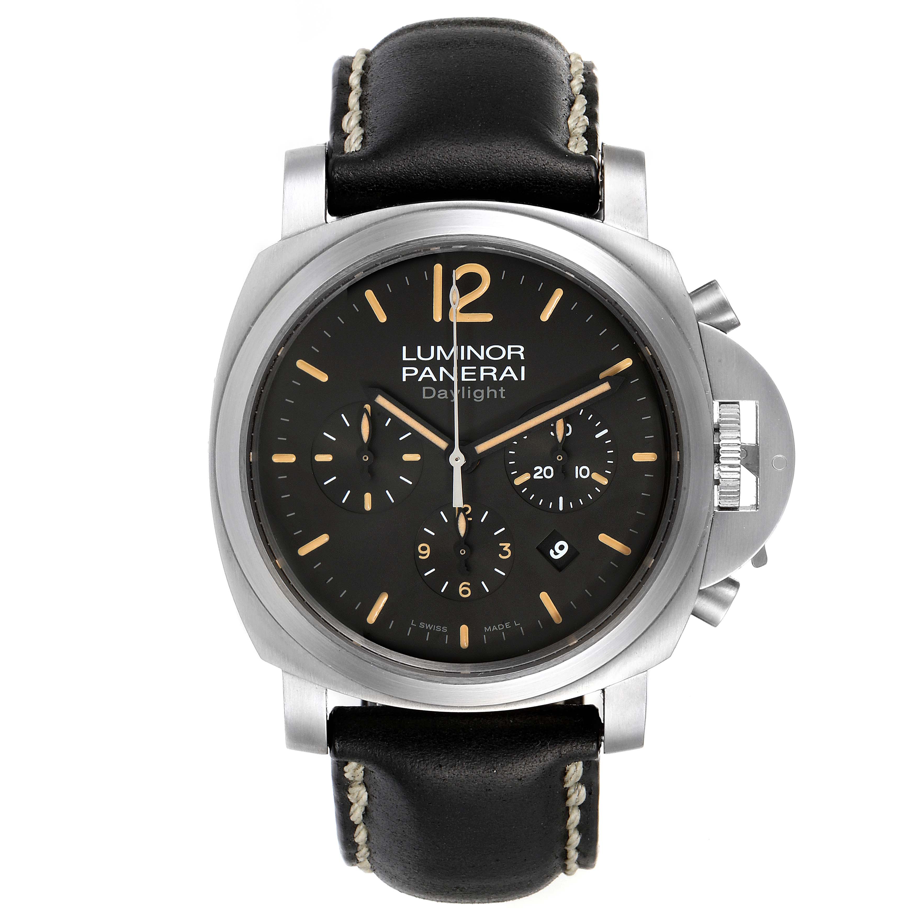 The Panerai Luminor PAM00356 Men's Stainless Steel Black Dial PAM00356 Men's Stainless Steel Black Dial watch is shown from the front, displaying its face, bezel, crown guard, and leather strap.
