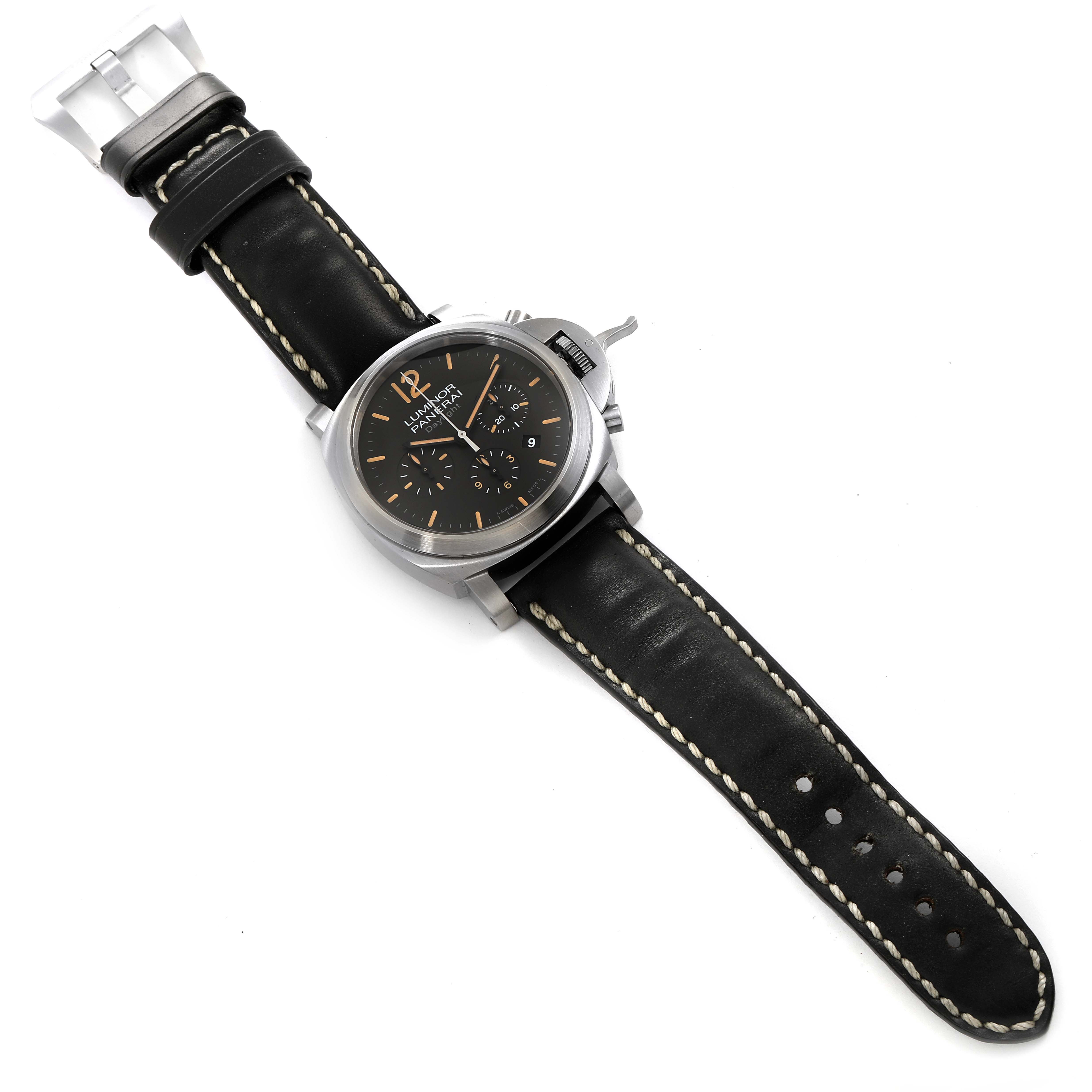 The image shows a full view of a Panerai Luminor PAM00356 Men's Stainless Steel Black Dial PAM00356 Men's Stainless Steel Black Dial watch, including its black leather strap, buckle, and watch face.