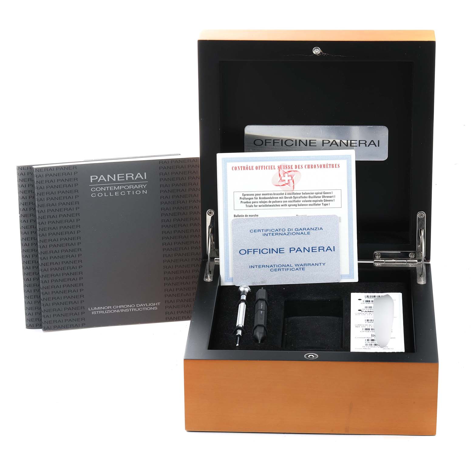 The image shows a top view of a Panerai Luminor PAM00356 Men's Stainless Steel Black Dial PAM00356 Men's Stainless Steel Black Dial watch box, warranty certificates, and additional accessories.