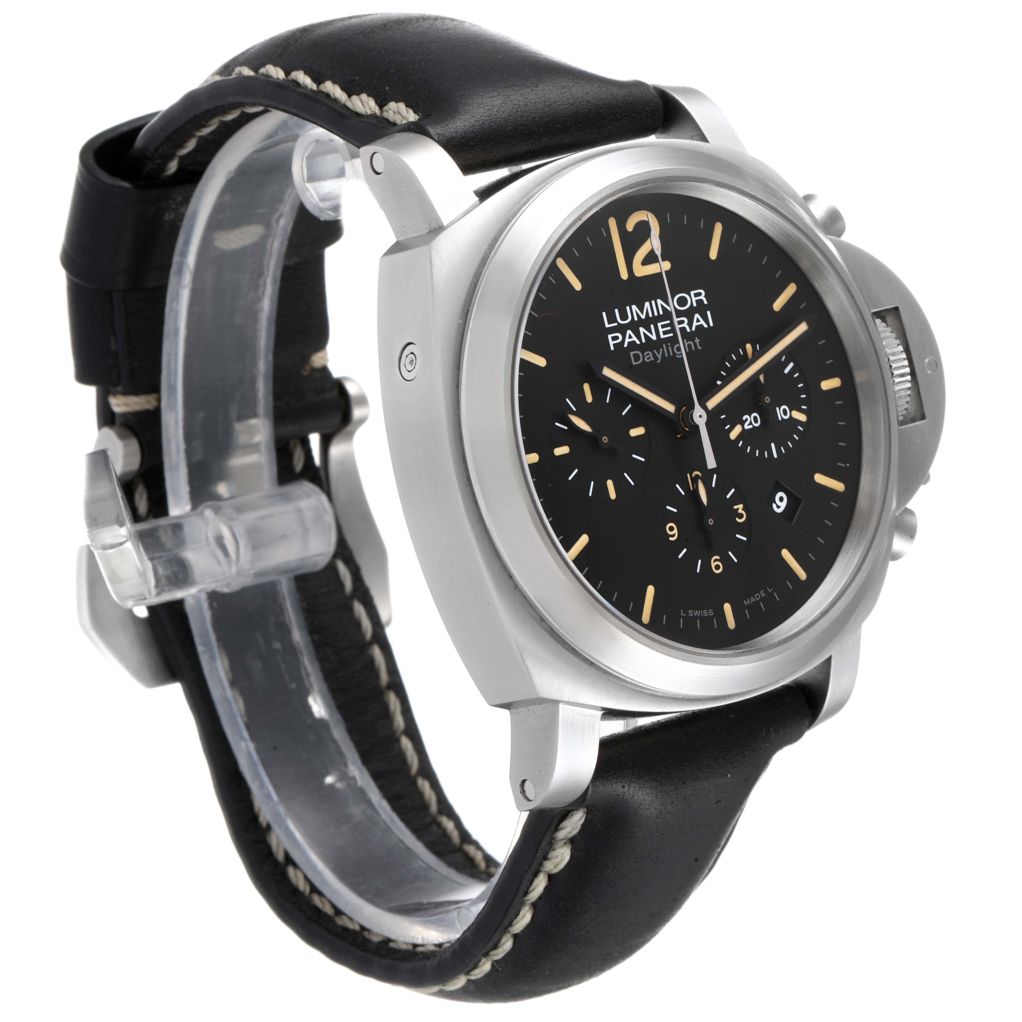The image shows a side angle of the Panerai Luminor PAM00356 Men's Stainless Steel Black Dial PAM00356 Men's Stainless Steel Black Dial watch, featuring its face, case, and black leather strap.