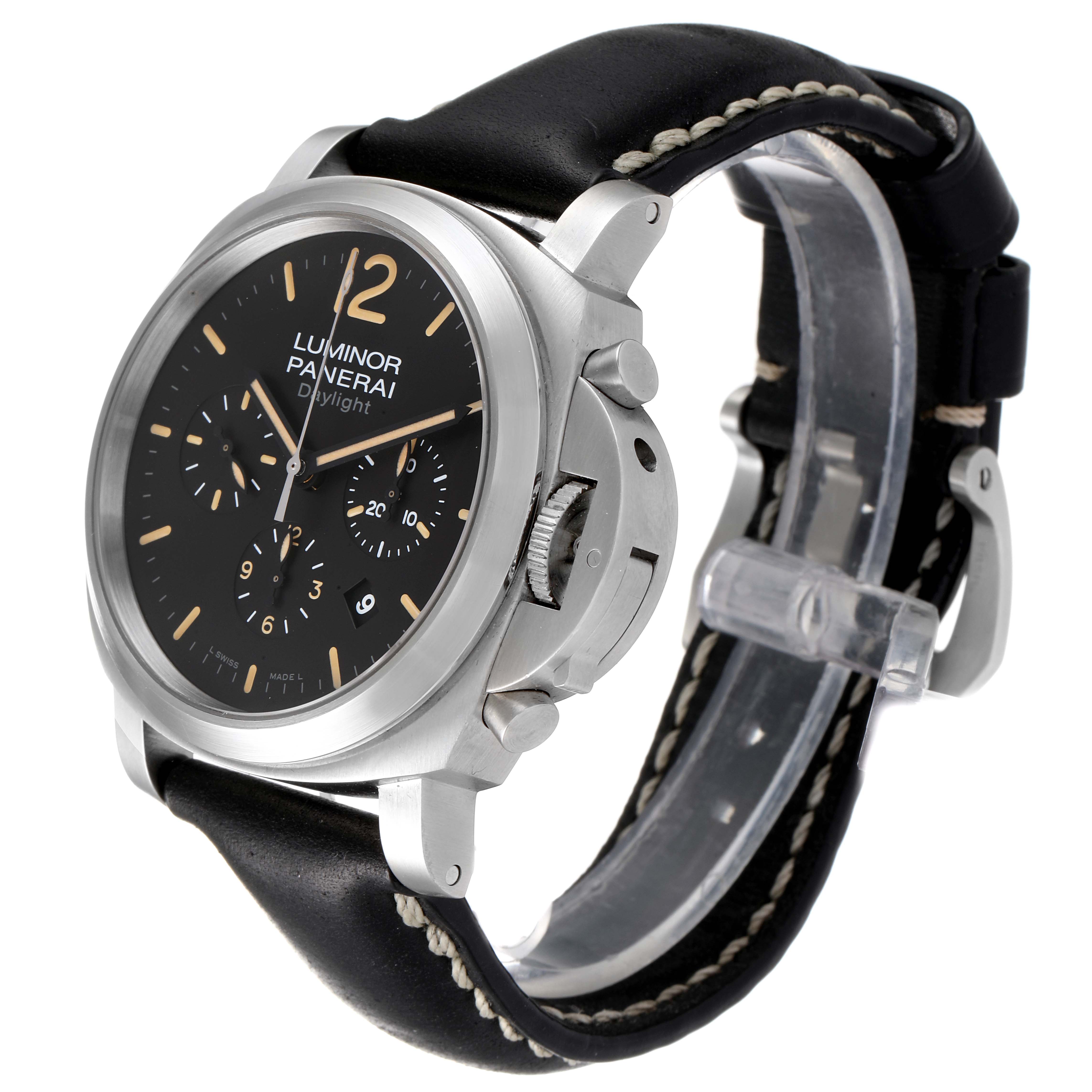 This image shows a Panerai Luminor PAM00356 Men's Stainless Steel Black Dial PAM00356 Men's Stainless Steel Black Dial watch at a three-quarter angle highlighting its face, crown guard, and black leather strap.