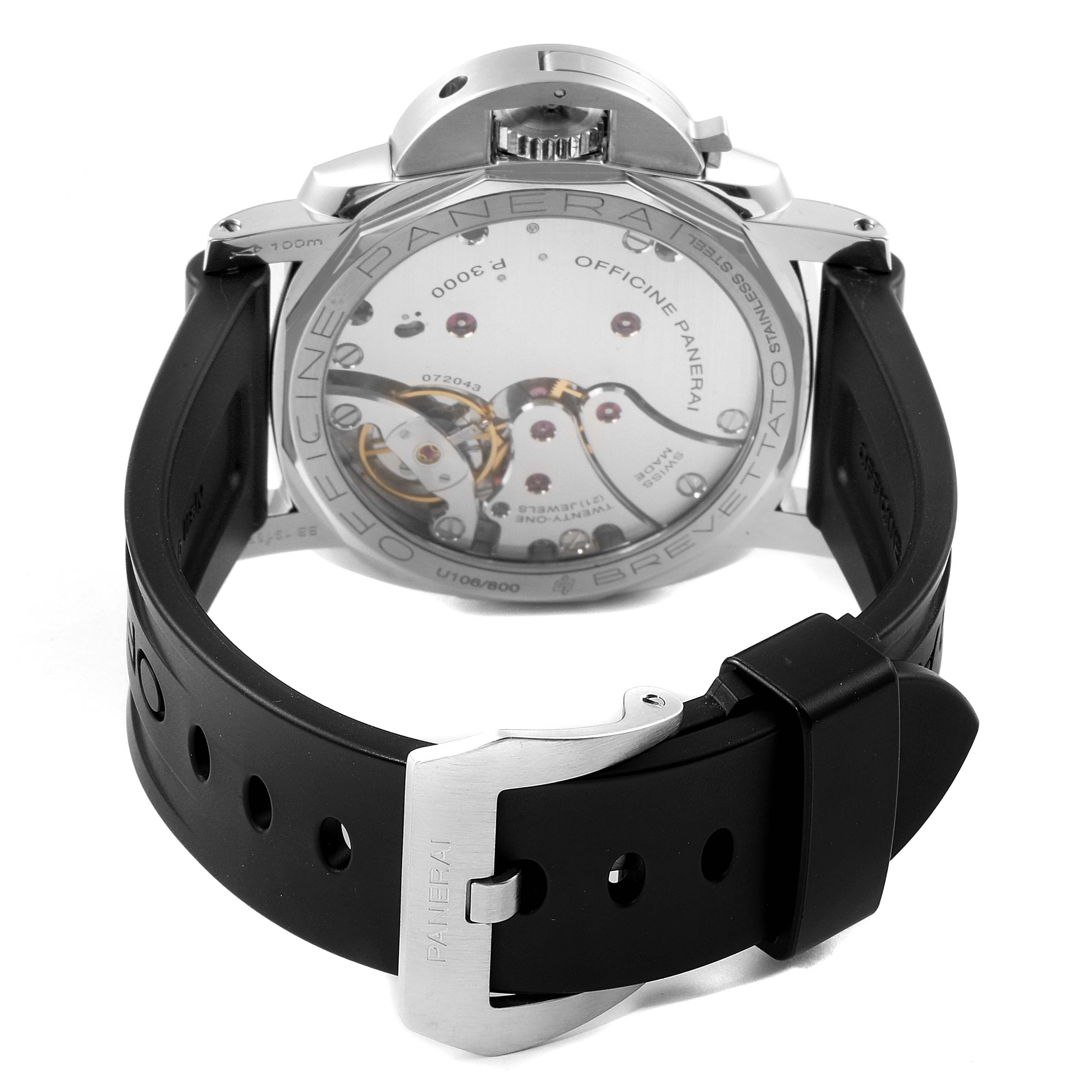 The image shows the back view of a Panerai Luminor PAM00372 Men
s Stainless Steel Black Dial PAM00372 Men
s Stainless Steel Black Dial watch, highlighting its movement and black rubber strap with a branded buckle.