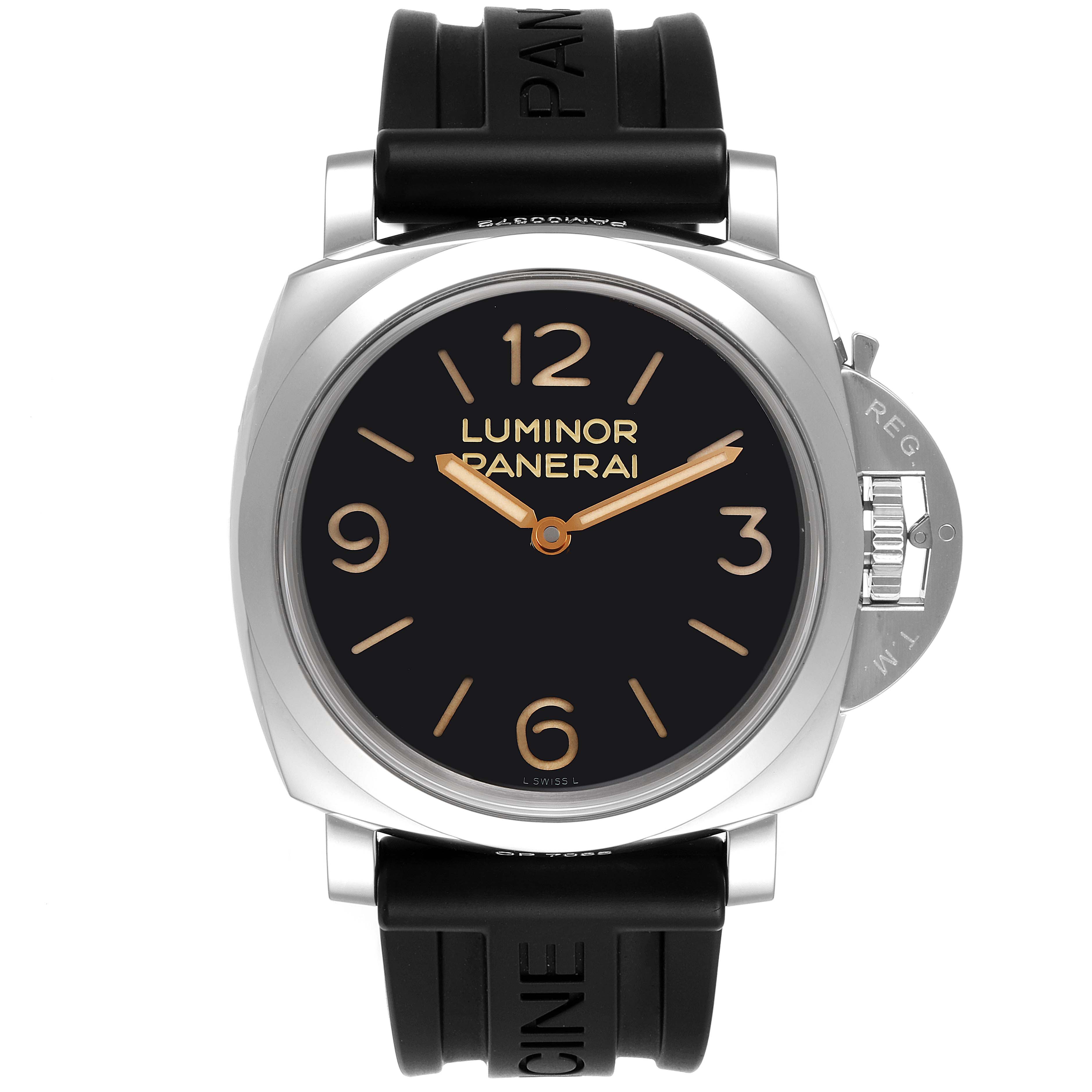 The image shows a front view of the Panerai Luminor PAM00372 Men
s Stainless Steel Black Dial PAM00372 Men
s Stainless Steel Black Dial watch, highlighting its dial, crown guard, and black rubber strap.