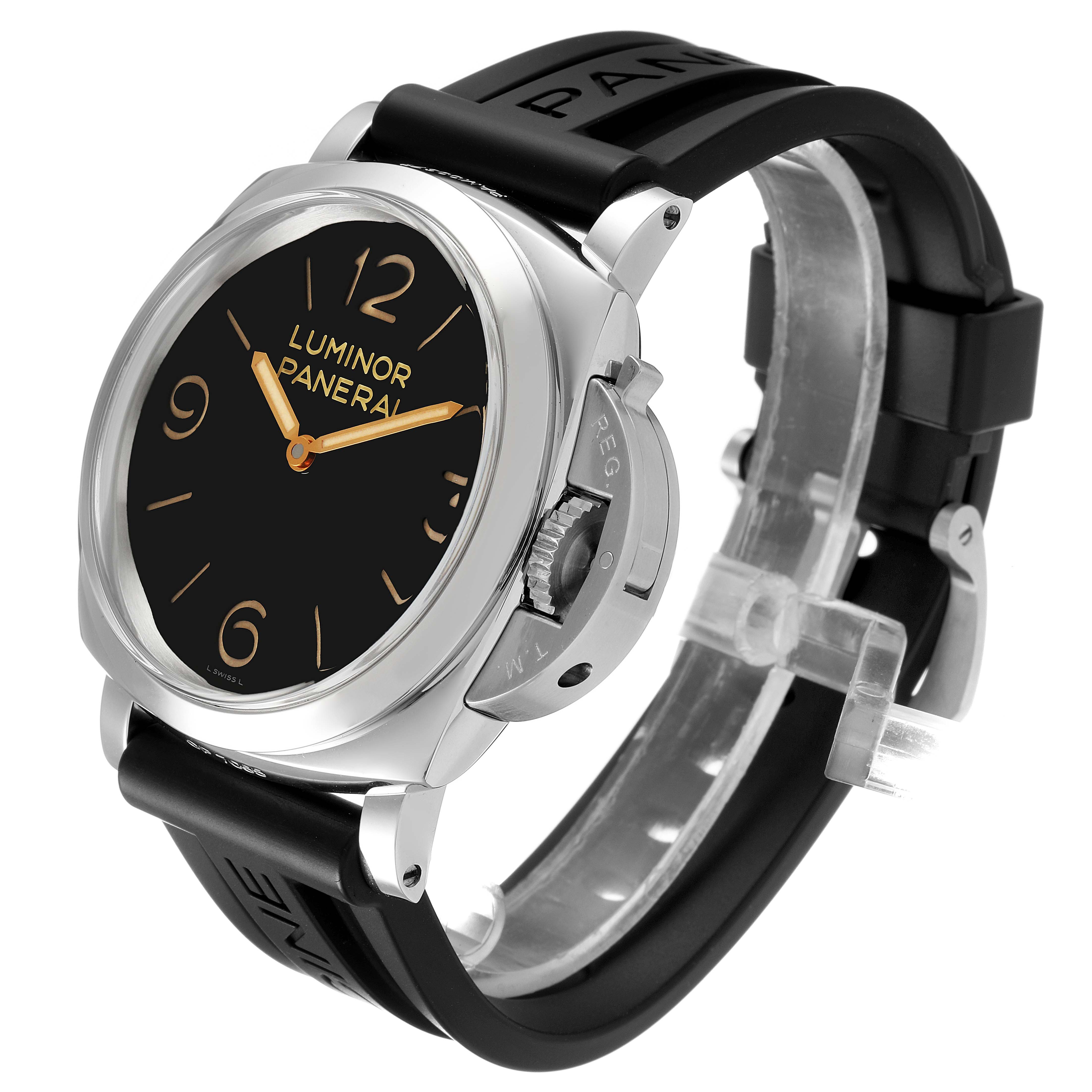 The image shows a side angle of a Panerai Luminor PAM00372 Men
s Stainless Steel Black Dial PAM00372 Men
s Stainless Steel Black Dial watch, highlighting its black dial, crown guard, and rubber strap.