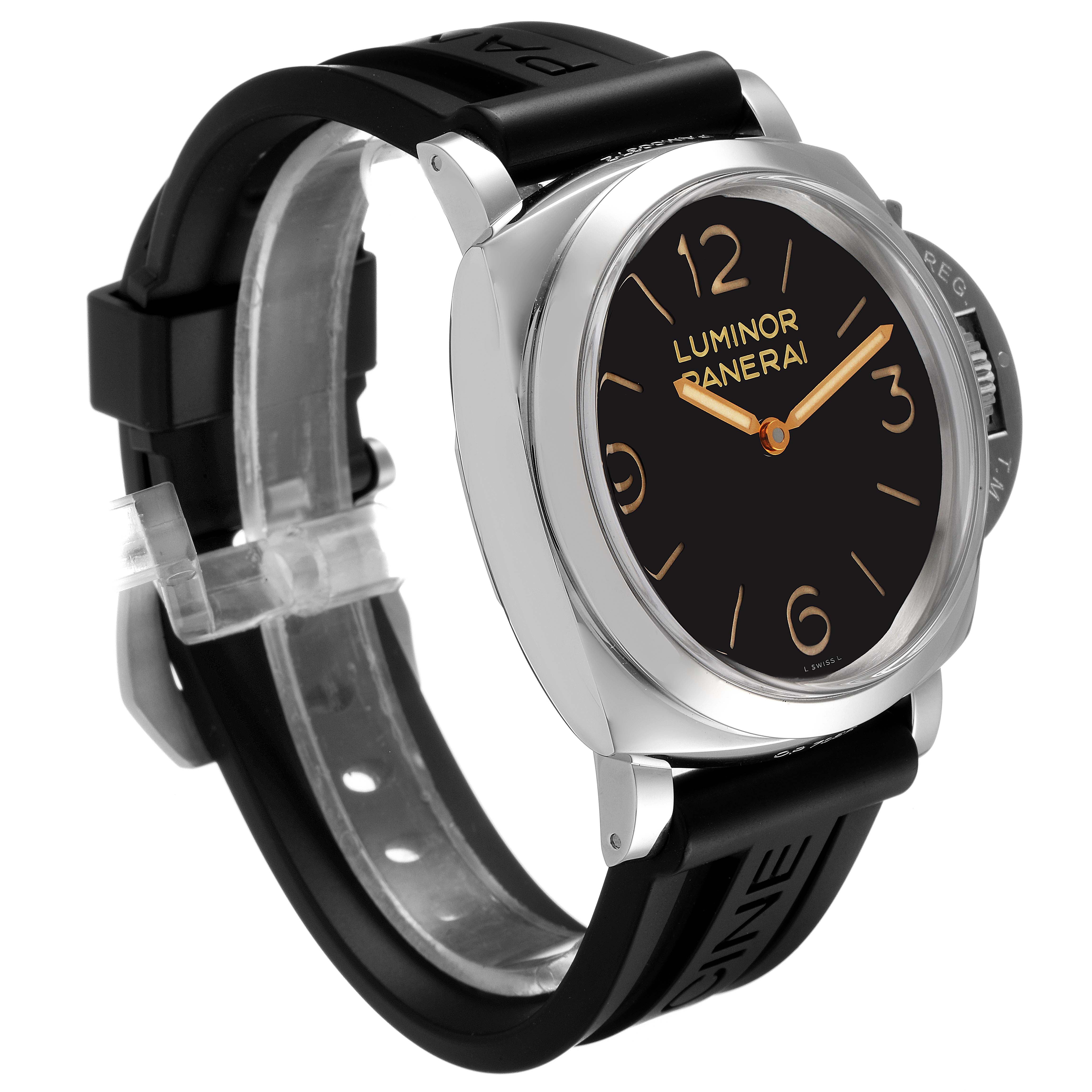 The Panerai Luminor PAM00372 Men
s Stainless Steel Black Dial PAM00372 Men
s Stainless Steel Black Dial watch is shown from a three-quarter angle displaying the face, case, and rubber strap.