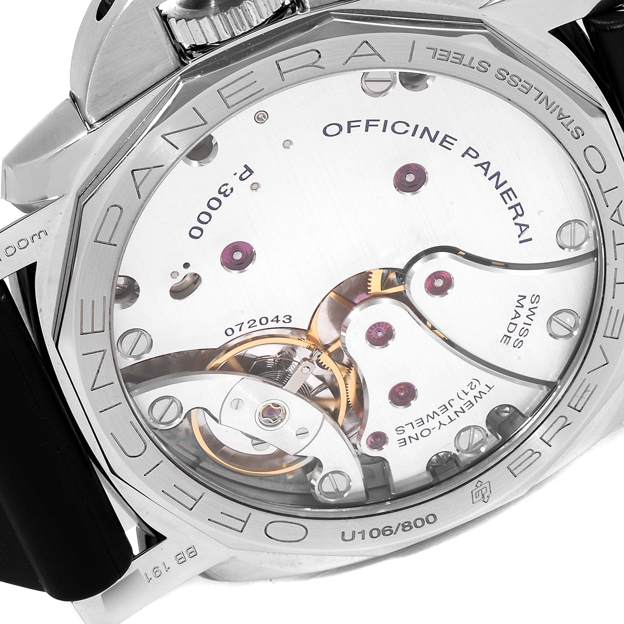 The image shows the back of a Panerai Luminor PAM00372 Men
s Stainless Steel Black Dial PAM00372 Men
s Stainless Steel Black Dial watch, highlighting its internal mechanism and detailing.