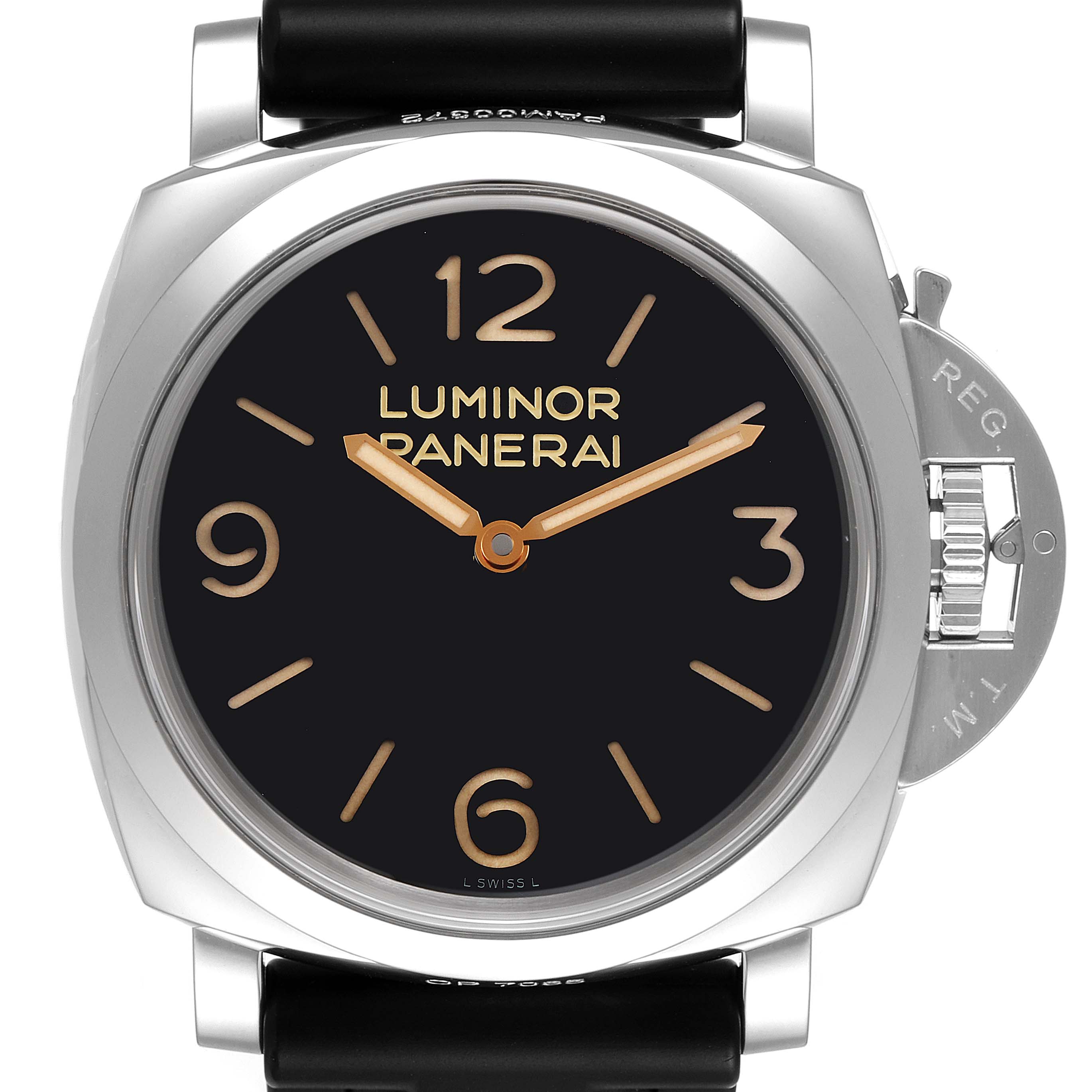 This image shows a front view of the Panerai Luminor PAM00372 Men
s Stainless Steel Black Dial PAM00372 Men
s Stainless Steel Black Dial watch, highlighting its black dial, gold numerals, and crown guard.