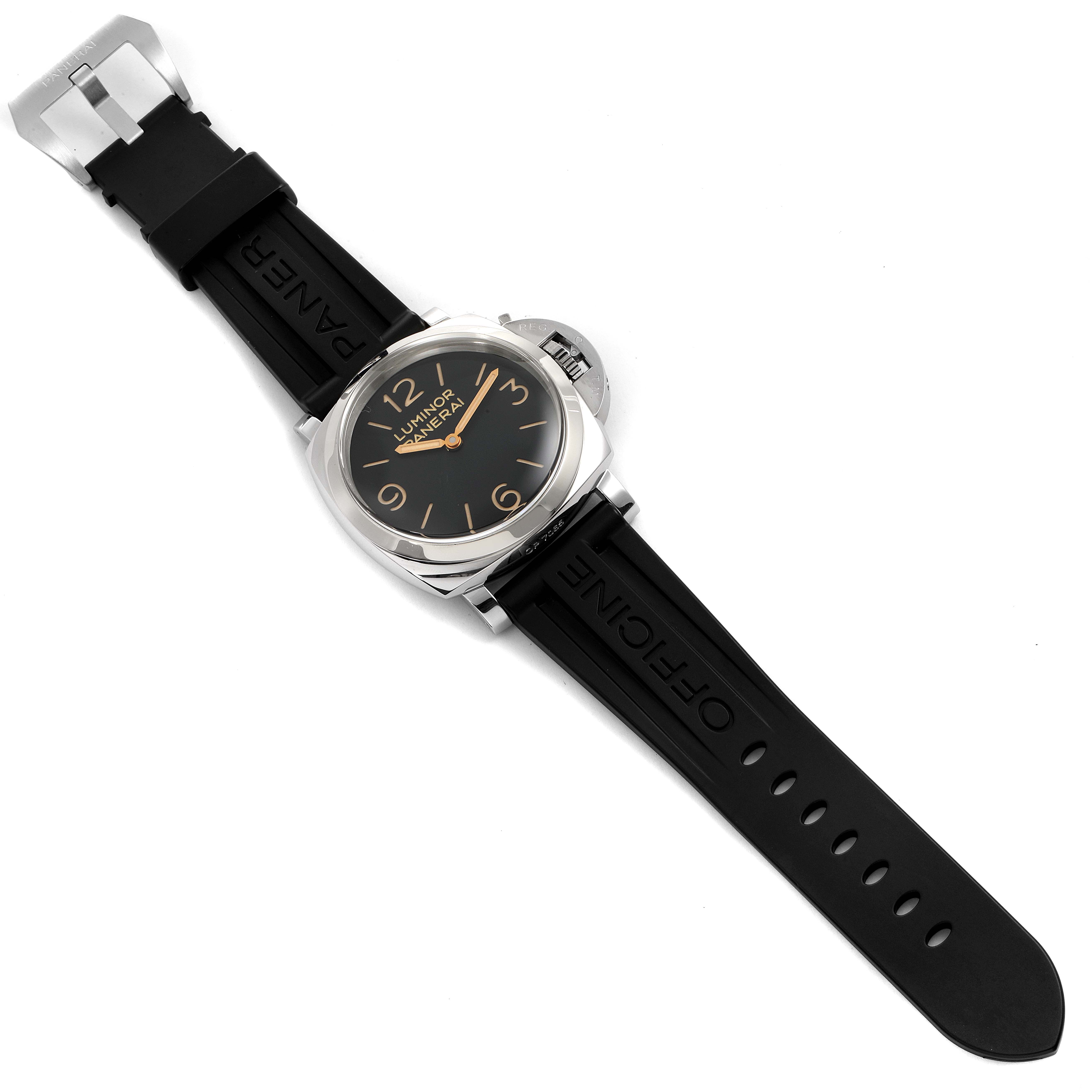 The image shows a top view of a Panerai Luminor PAM00372 Men
s Stainless Steel Black Dial PAM00372 Men
s Stainless Steel Black Dial watch with its black strap and dial visible.