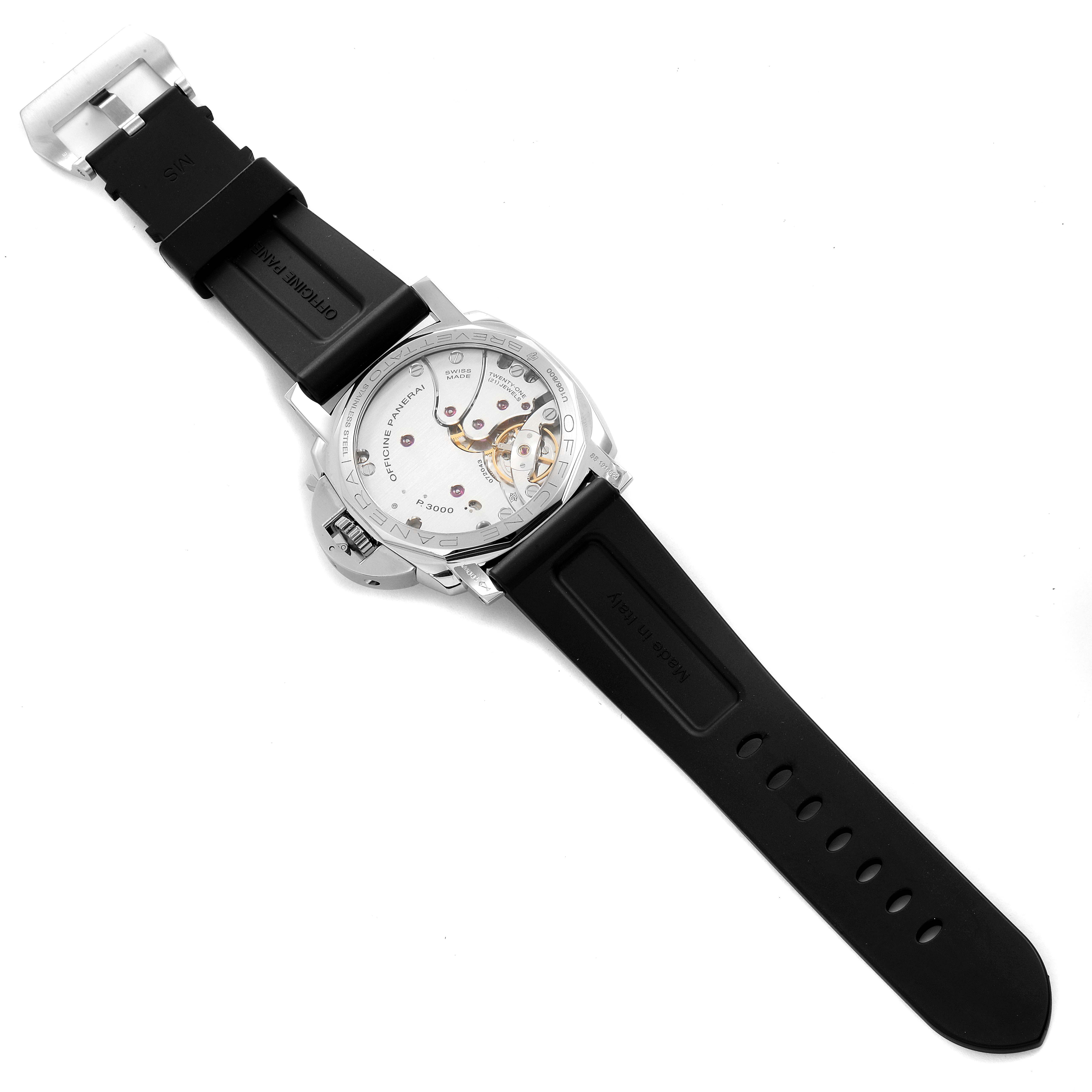 This image shows the back view of a Panerai Luminor PAM00372 Men
s Stainless Steel Black Dial PAM00372 Men
s Stainless Steel Black Dial watch, displaying its movement and the rubber strap.