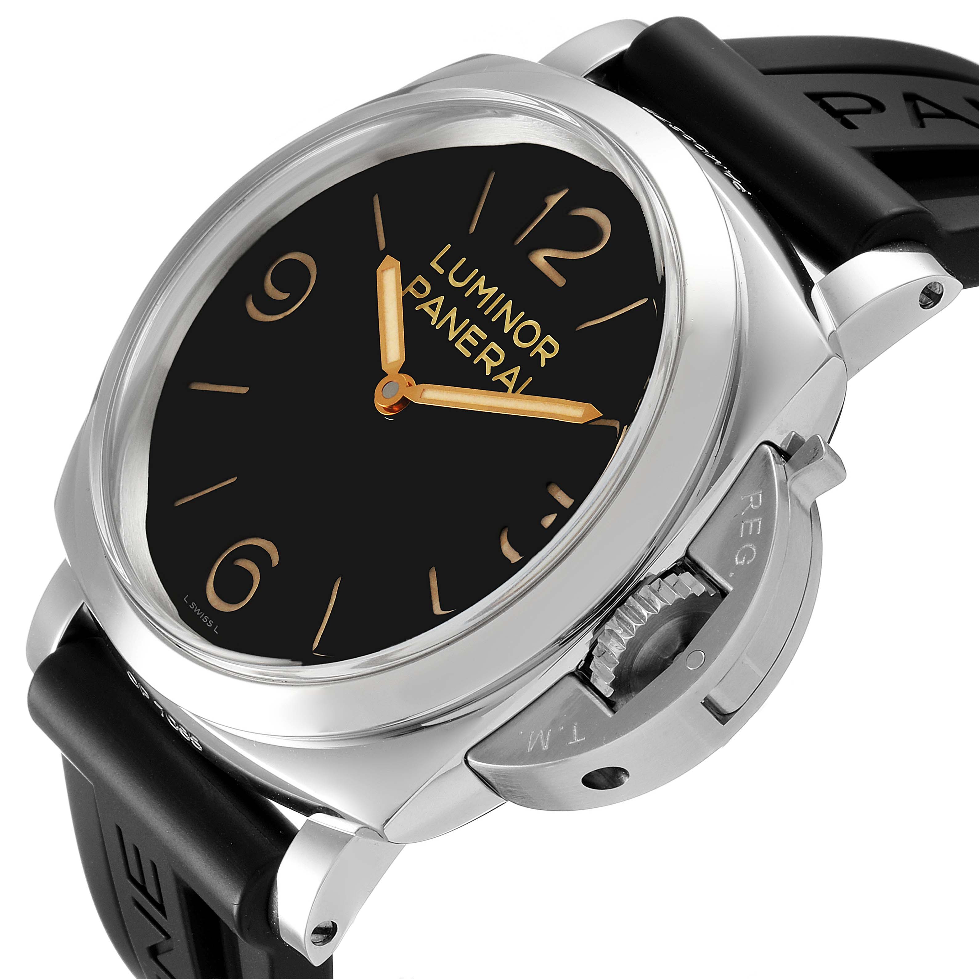 This Panerai Luminor PAM00372 Men
s Stainless Steel Black Dial PAM00372 Men
s Stainless Steel Black Dial watch is shown at a slight angle, featuring the dial, case, crown guard, and part of the strap.