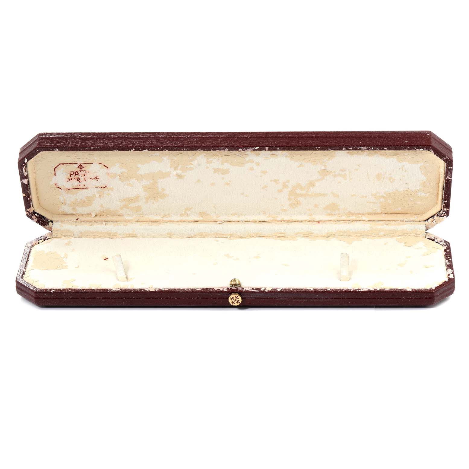 The image shows an open, empty, vintage watch box likely made for a Patek Philippe Calatrava 4821 Women's Yellow Gold White Dial 4821 Women's Yellow Gold White Dial model.