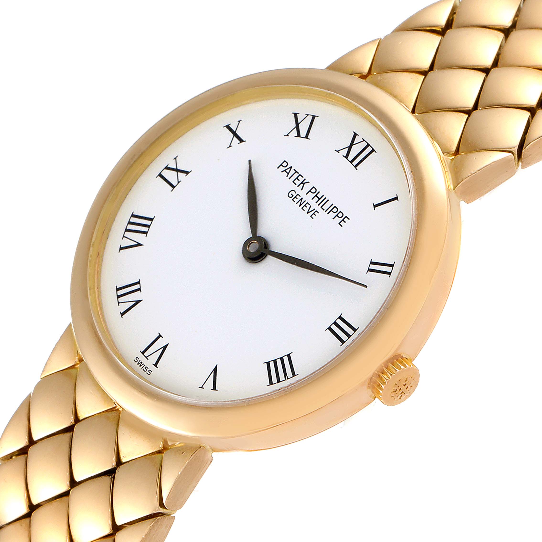 This Patek Philippe Calatrava 4821 Women's Yellow Gold White Dial 4821 Women's Yellow Gold White Dial watch is shown at a slight angle, highlighting the dial, Roman numeral markers, bezel, crown, and part of the bracelet.