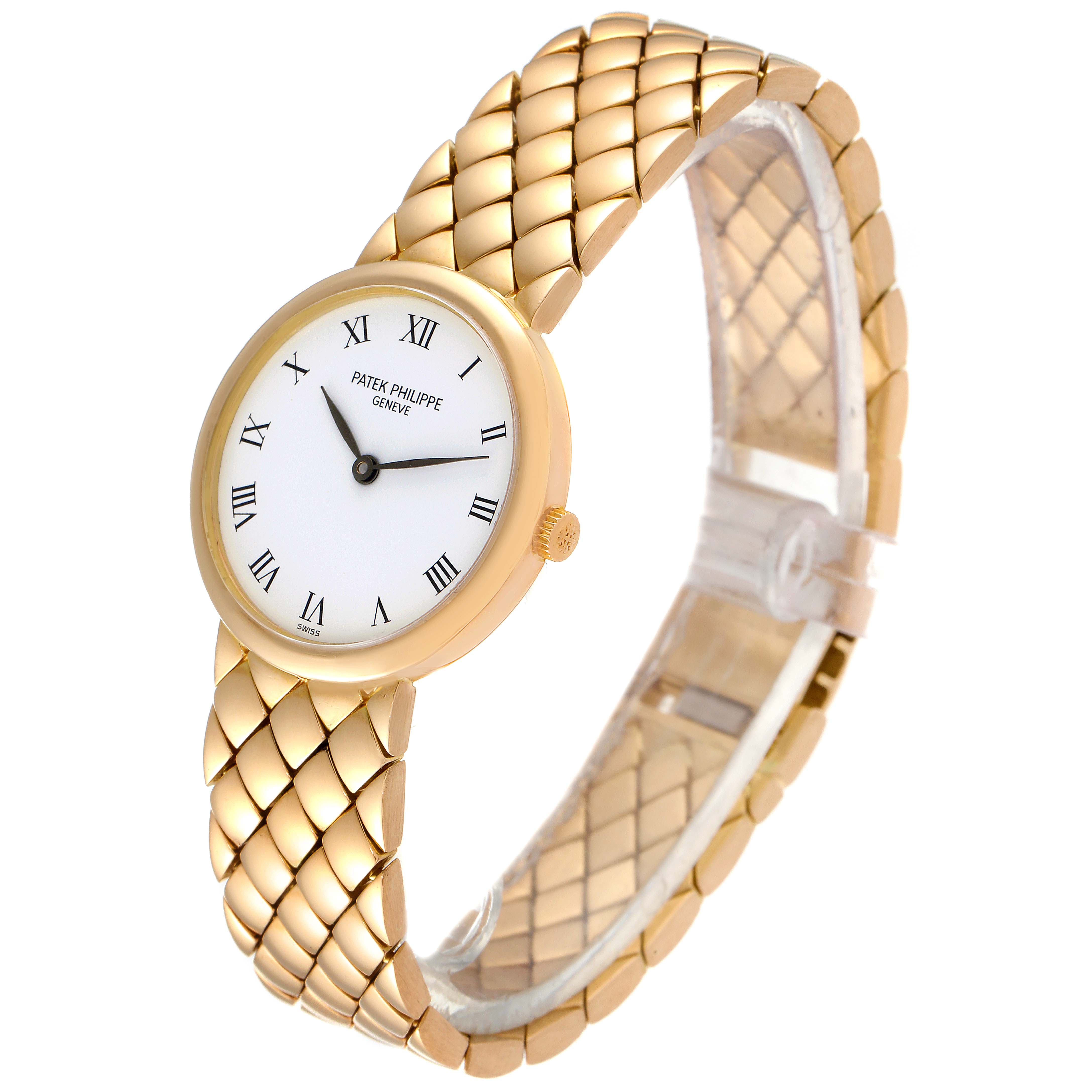 The image shows a front angled view of a Patek Philippe Calatrava 4821 Women's Yellow Gold White Dial 4821 Women's Yellow Gold White Dial watch, displaying the face, dial, and gold bracelet.