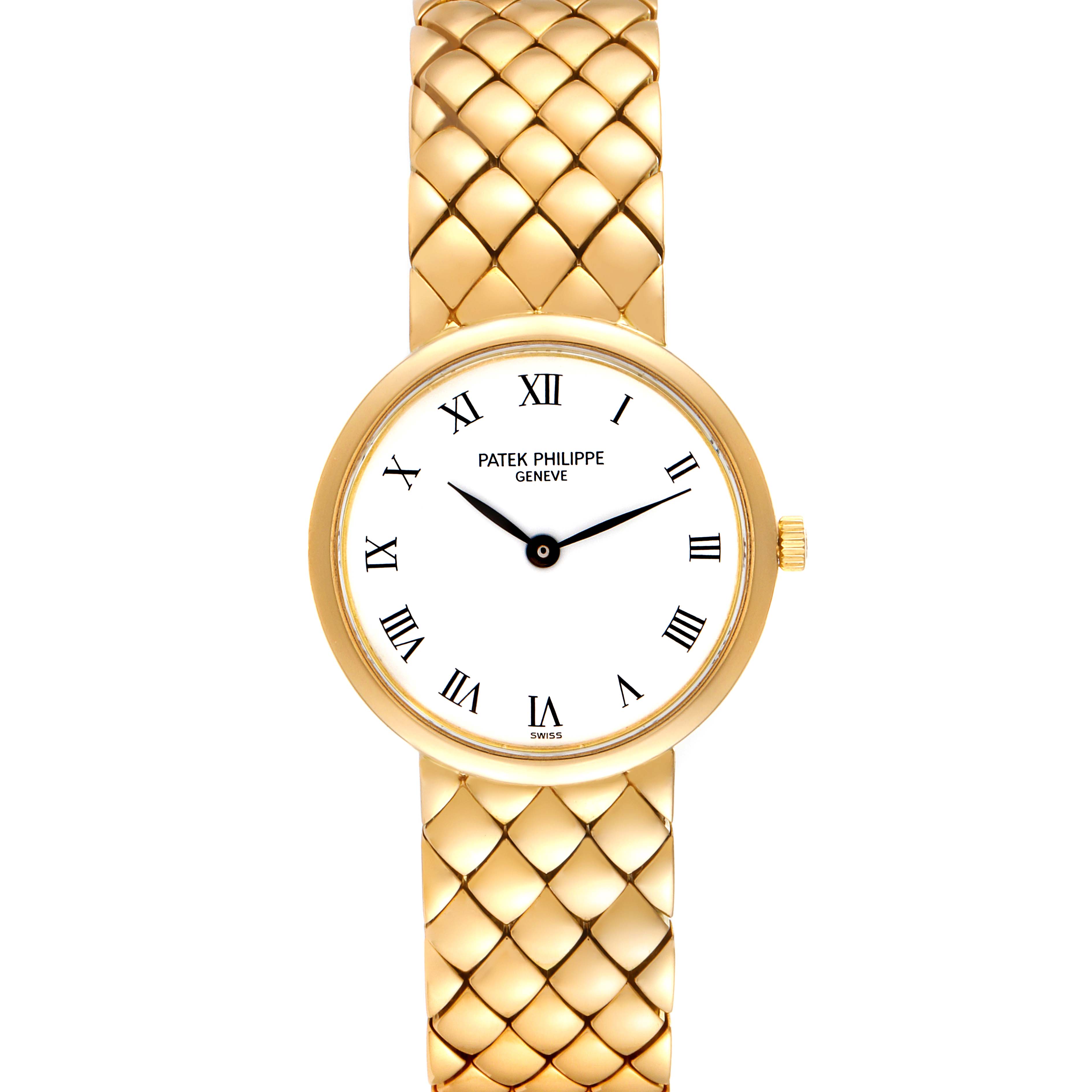 This image shows a front view of a Patek Philippe Calatrava 4821 Women's Yellow Gold White Dial 4821 Women's Yellow Gold White Dial watch, highlighting its face and patterned gold band.