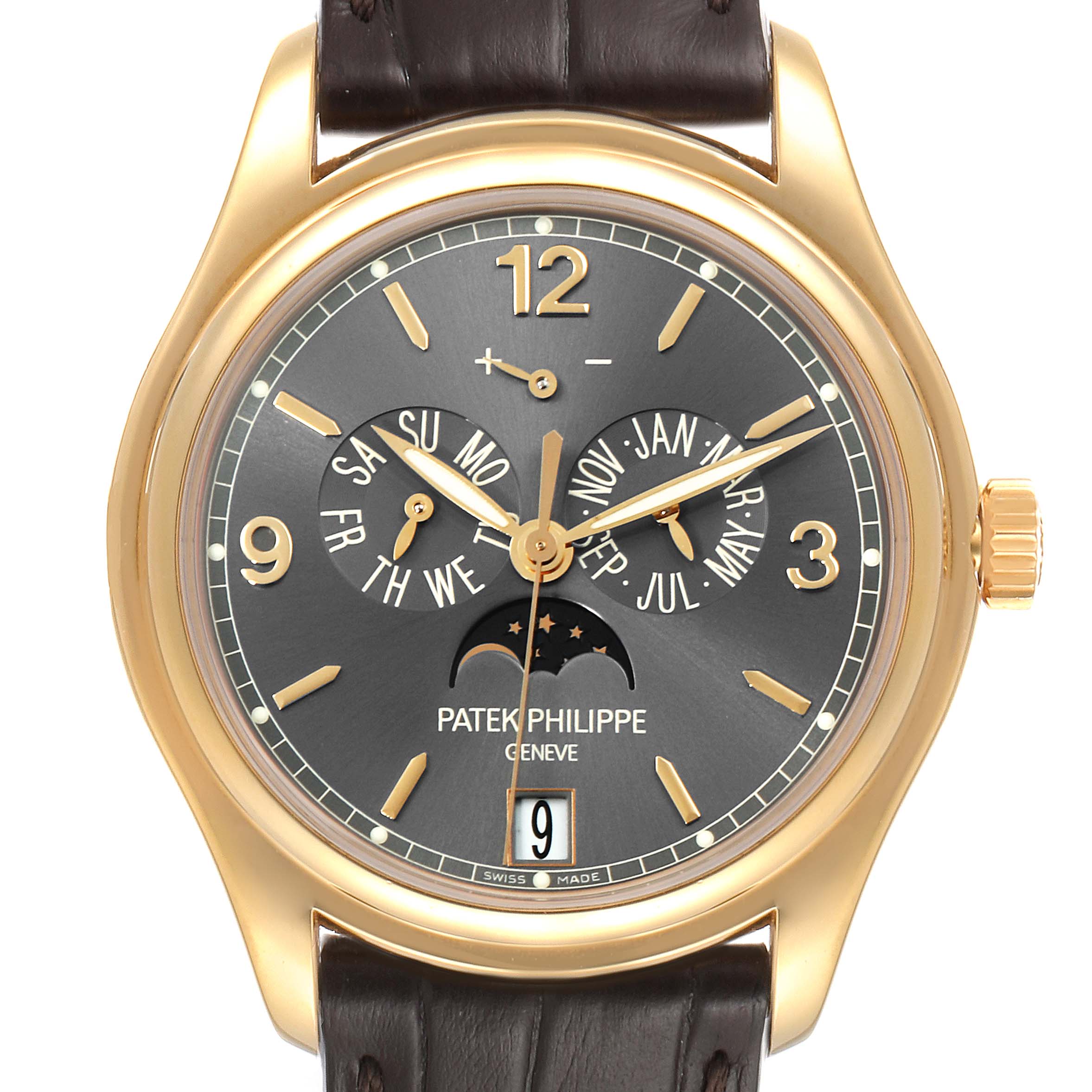 The image shows a front view of the Patek Philippe 5146J - 01D Men
s Yellow Gold Grey Dial 5146J - 01D Men
s Yellow Gold Grey Dial Complicated Annual Calendar Yellow Gold Mens Watch 5146 model.