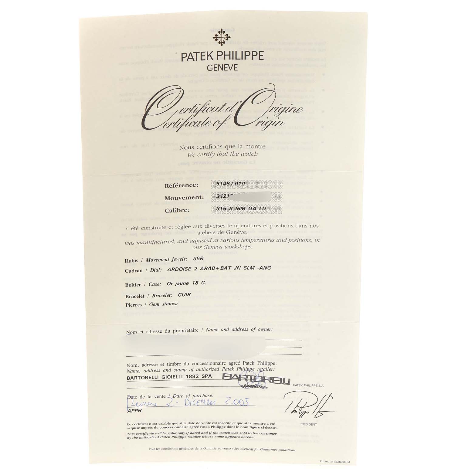 The image shows the Certificate of Origin for the Patek Philippe 5146J - 01D Men
s Yellow Gold Grey Dial 5146J - 01D Men
s Yellow Gold Grey Dial Complicated Annual Calendar Yellow Gold Mens Watch 5146 model.