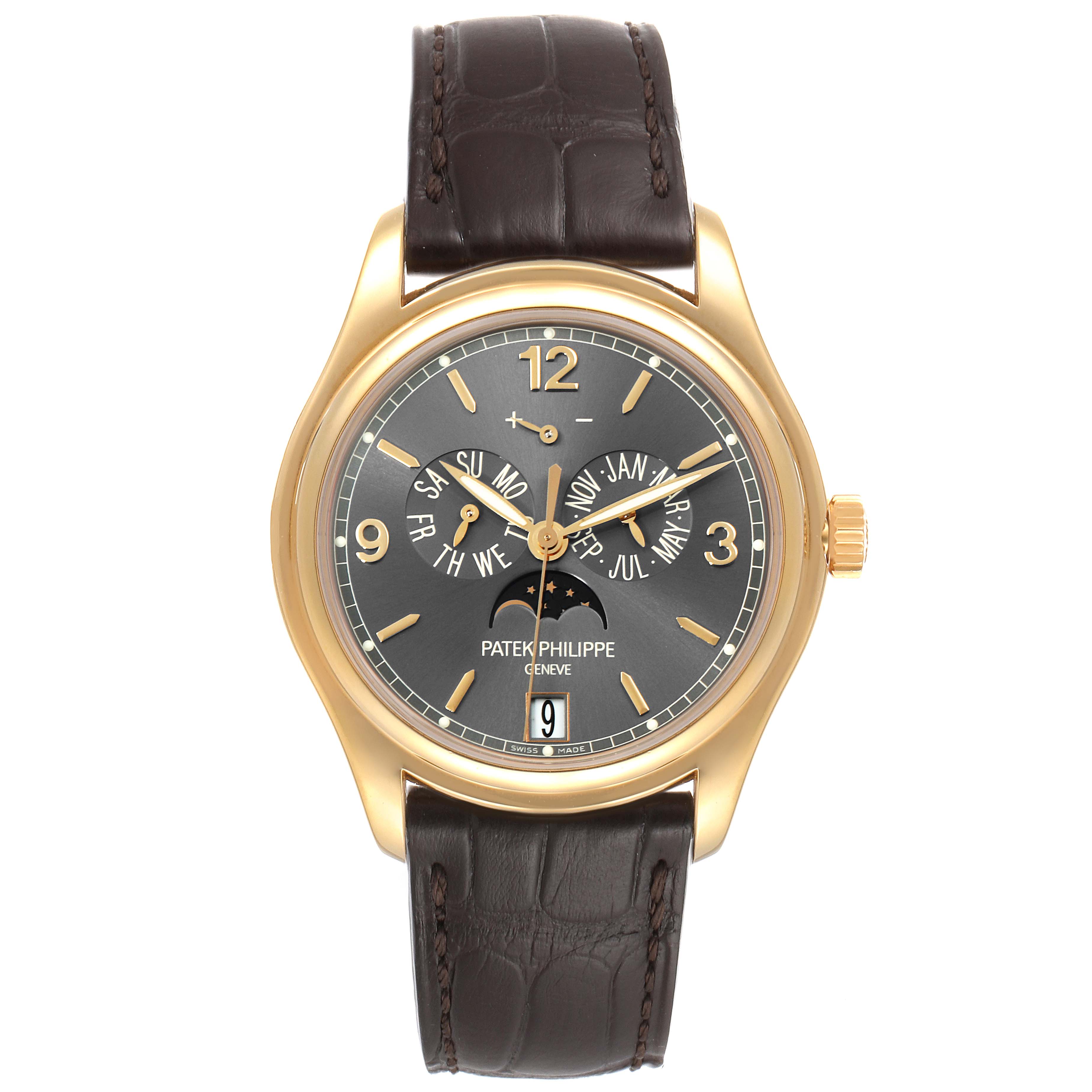 The image shows a front view of the Patek Philippe 5146J - 01D Men
s Yellow Gold Grey Dial 5146J - 01D Men
s Yellow Gold Grey Dial Complicated Annual Calendar Yellow Gold Men
s Watch 5146 model.