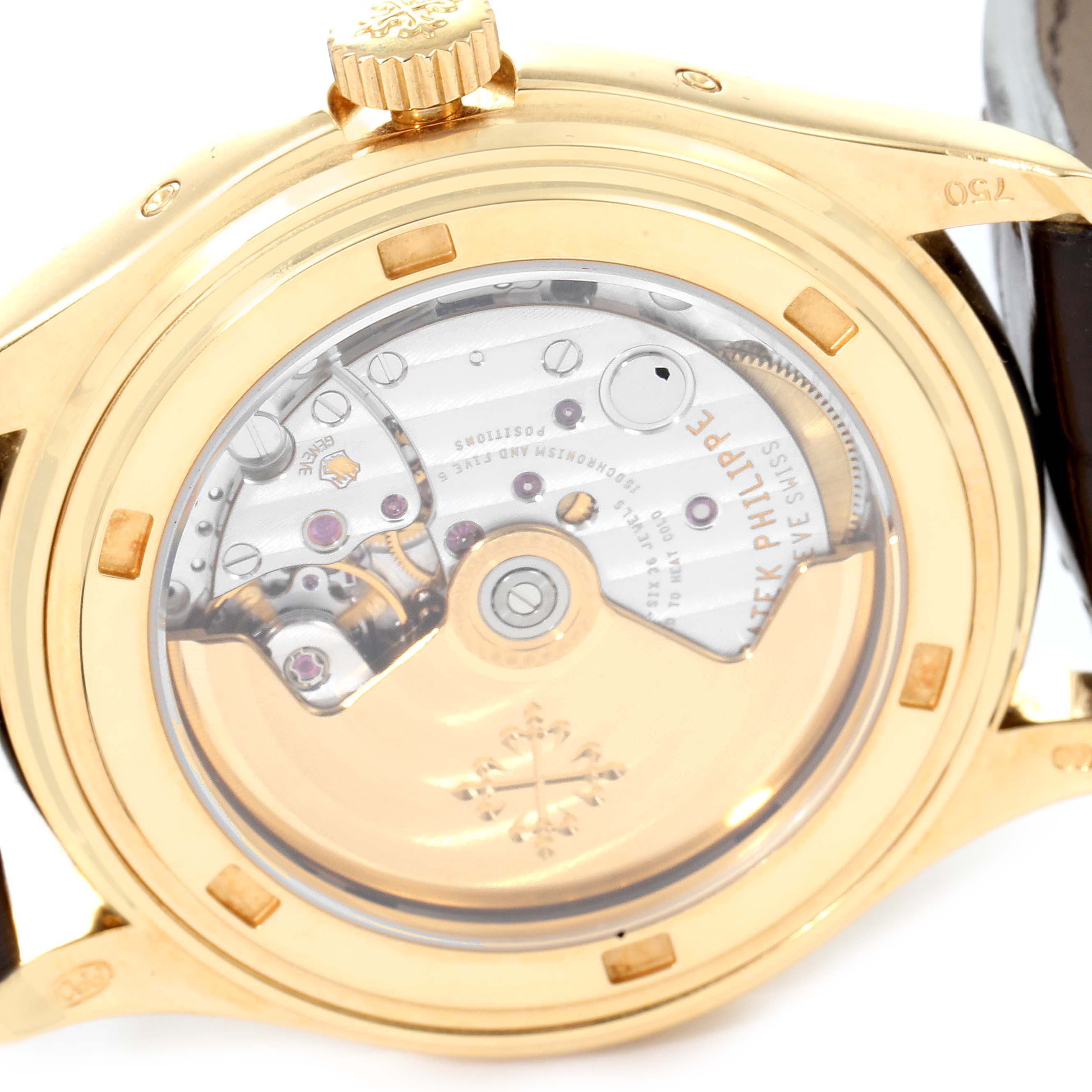 The image shows the case back and internal movement of the Patek Philippe 5146J - 01D Men
s Yellow Gold Grey Dial 5146J - 01D Men
s Yellow Gold Grey Dial Complicated Annual Calendar Yellow Gold Mens Watch 5146.