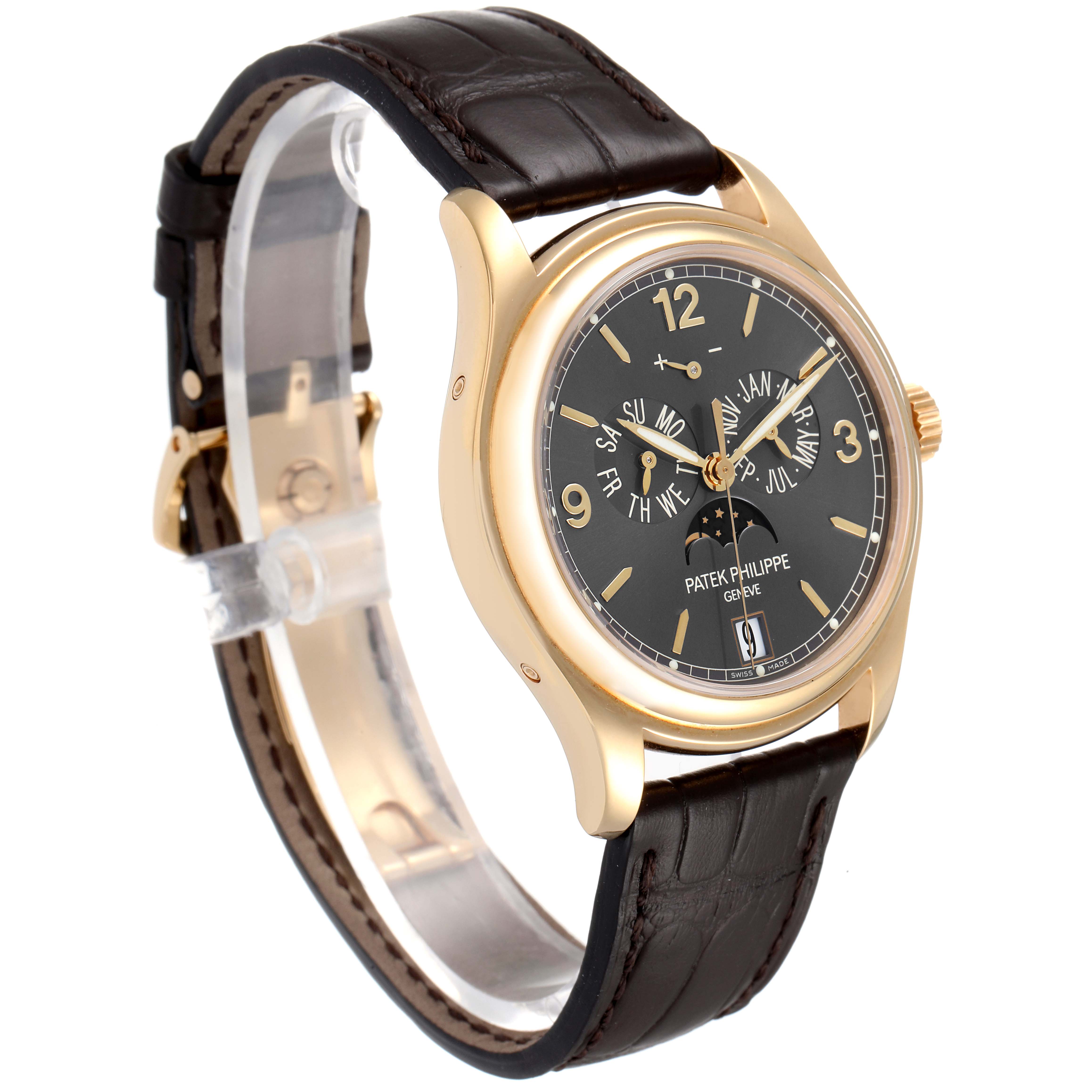 The image shows a Patek Philippe 5146J - 01D Men
s Yellow Gold Grey Dial 5146J - 01D Men
s Yellow Gold Grey Dial Complicated Annual Calendar Yellow Gold Men
s Watch 5146 model at a slight frontal angle, highlighting the dial and strap.