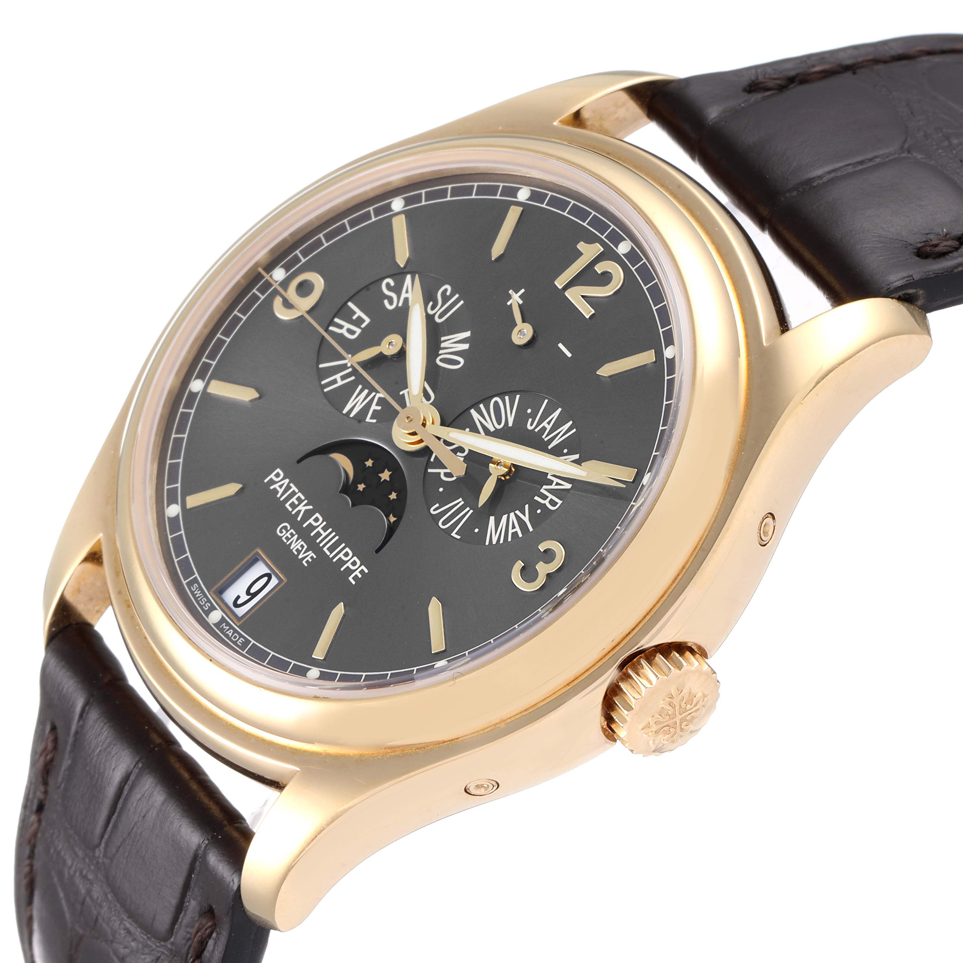 The image shows a side-angled view of the Patek Philippe 5146J - 01D Men
s Yellow Gold Grey Dial 5146J - 01D Men
s Yellow Gold Grey Dial Complicated Annual Calendar Yellow Gold Men
s Watch 5146 model, highlighting its face, crown, and strap.