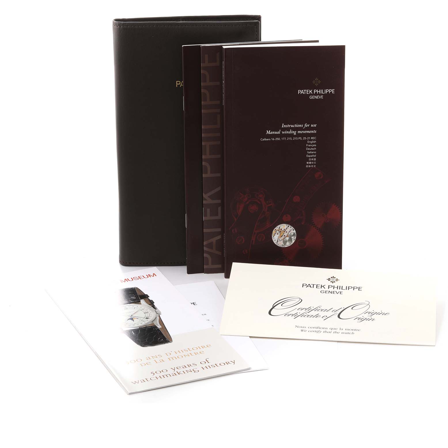 This image shows the documentation and certificate papers for the Patek Philippe Gondolo 5098P Men's Platinum Silver Dial 5098P Men's Platinum Silver Dial model.