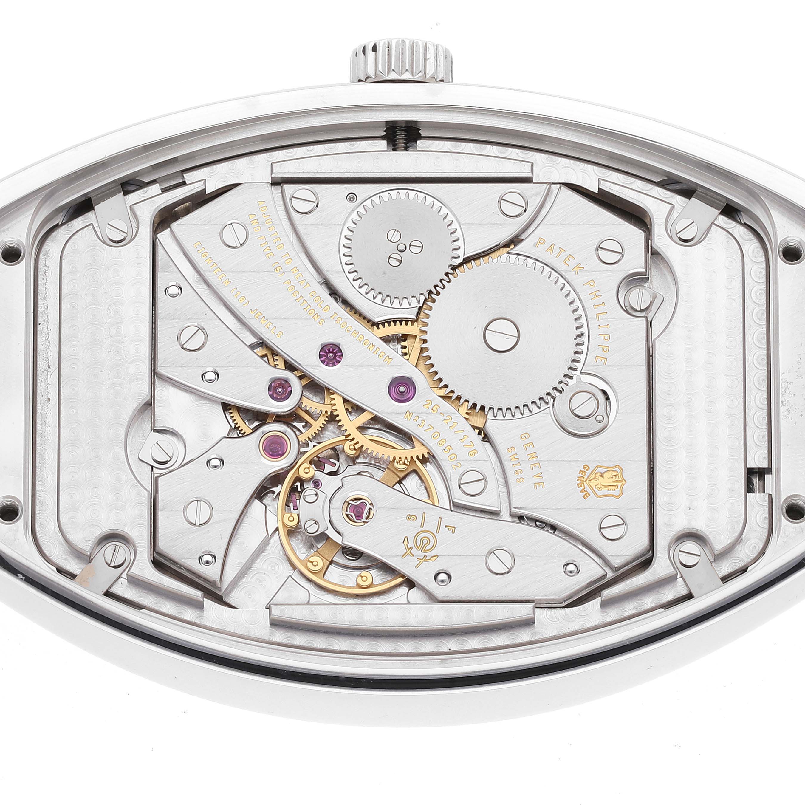 This image shows the movement and inner mechanics of a Patek Philippe Gondolo 5098P Men's Platinum Silver Dial 5098P Men's Platinum Silver Dial watch from a top-down angle.