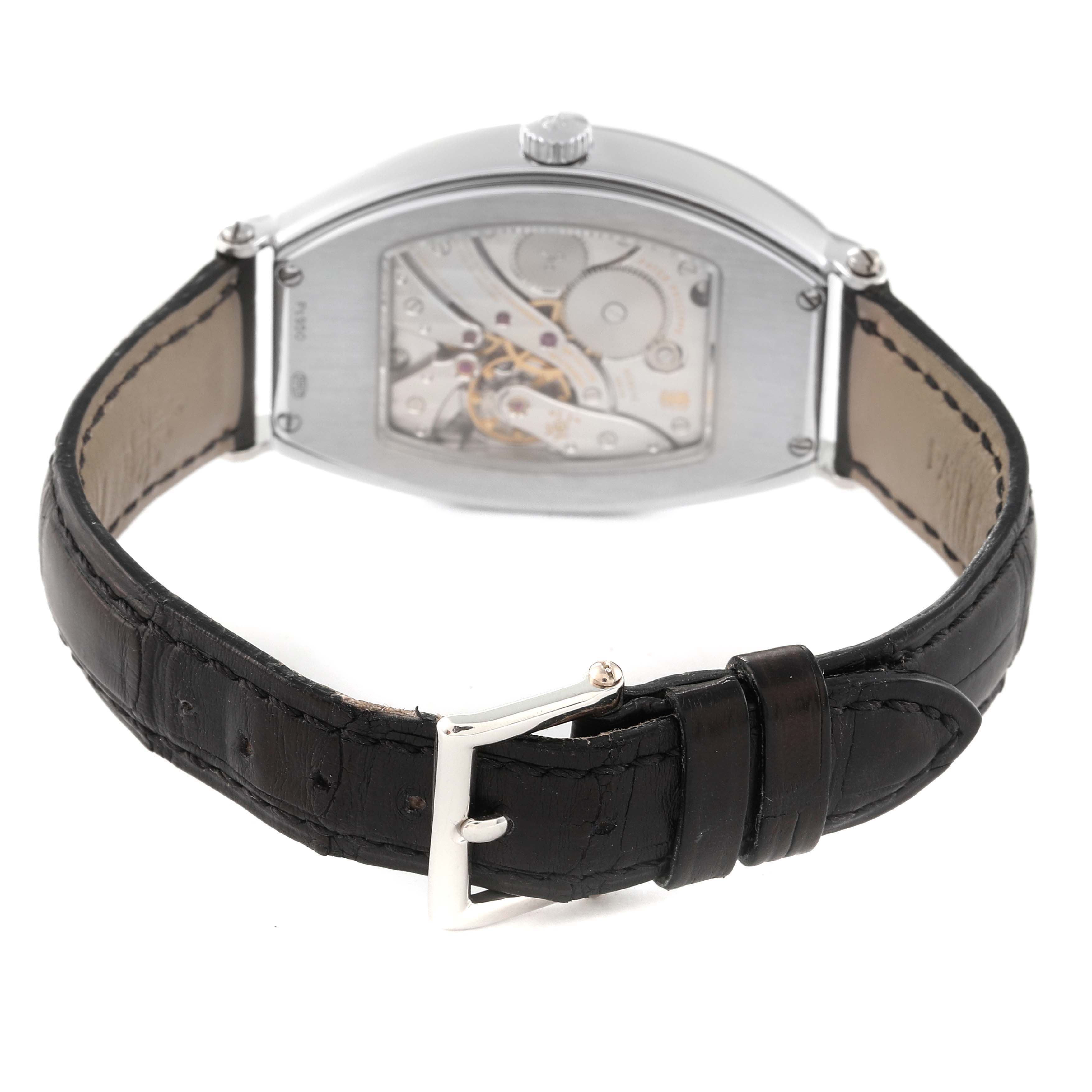 This image shows the back and strap of a Patek Philippe Gondolo 5098P Men's Platinum Silver Dial 5098P Men's Platinum Silver Dial watch, highlighting the movement and black leather band.