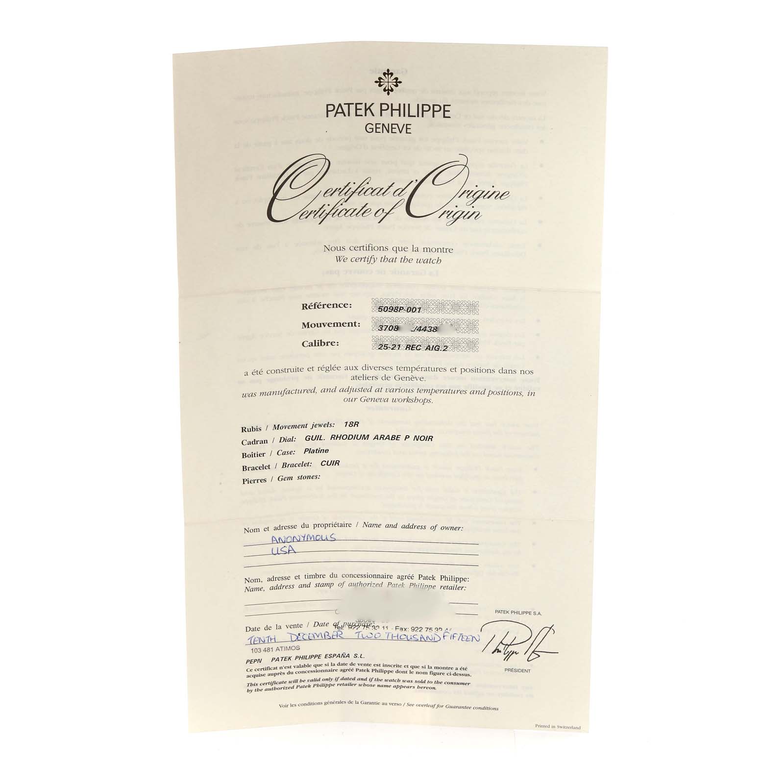 The image shows a "Certificate of Origin" from Patek Philippe for the Gondolo model watch.