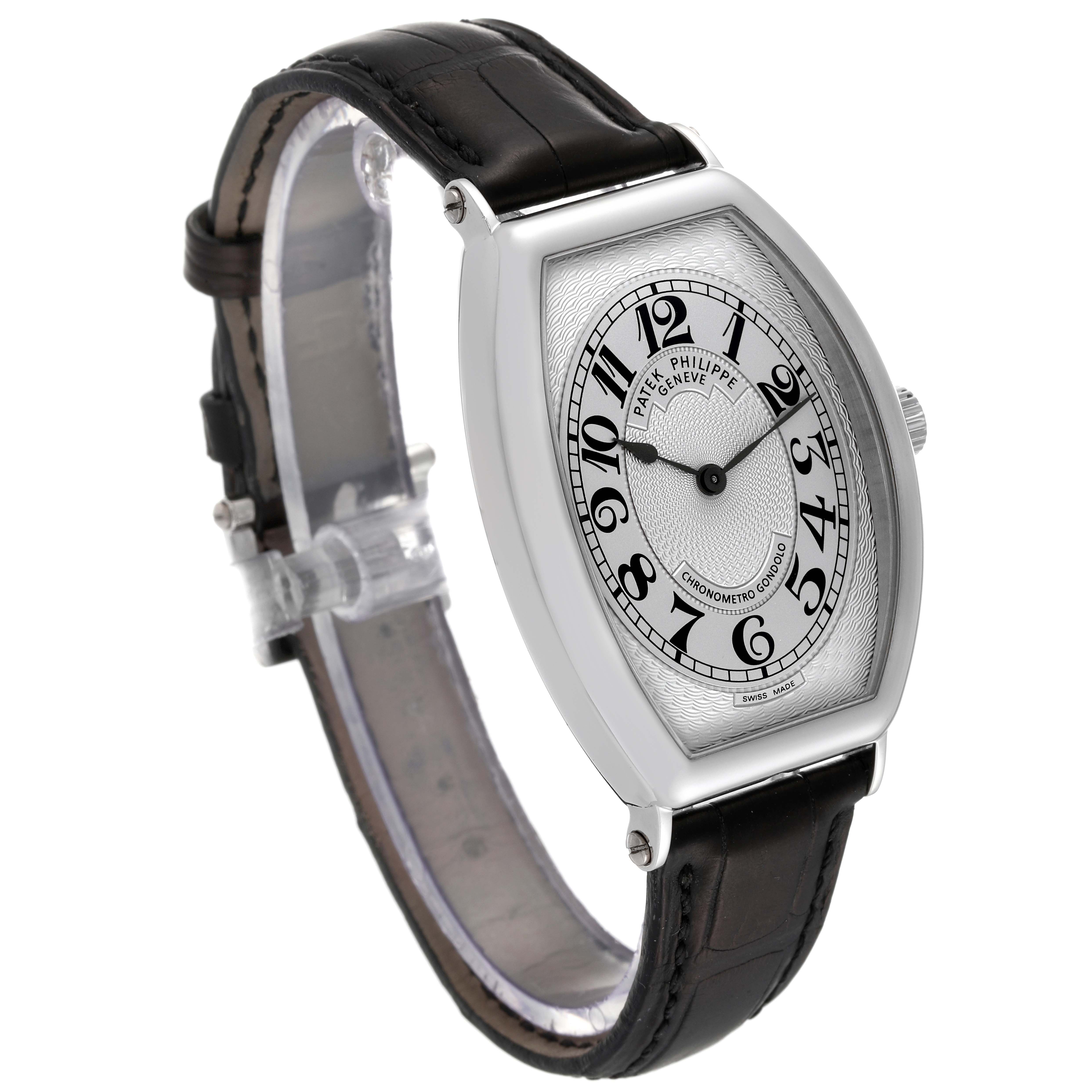 The image shows a three-quarter angle of the Patek Philippe Gondolo 5098P Men's Platinum Silver Dial 5098P Men's Platinum Silver Dial watch, highlighting its face, case, and leather strap.
