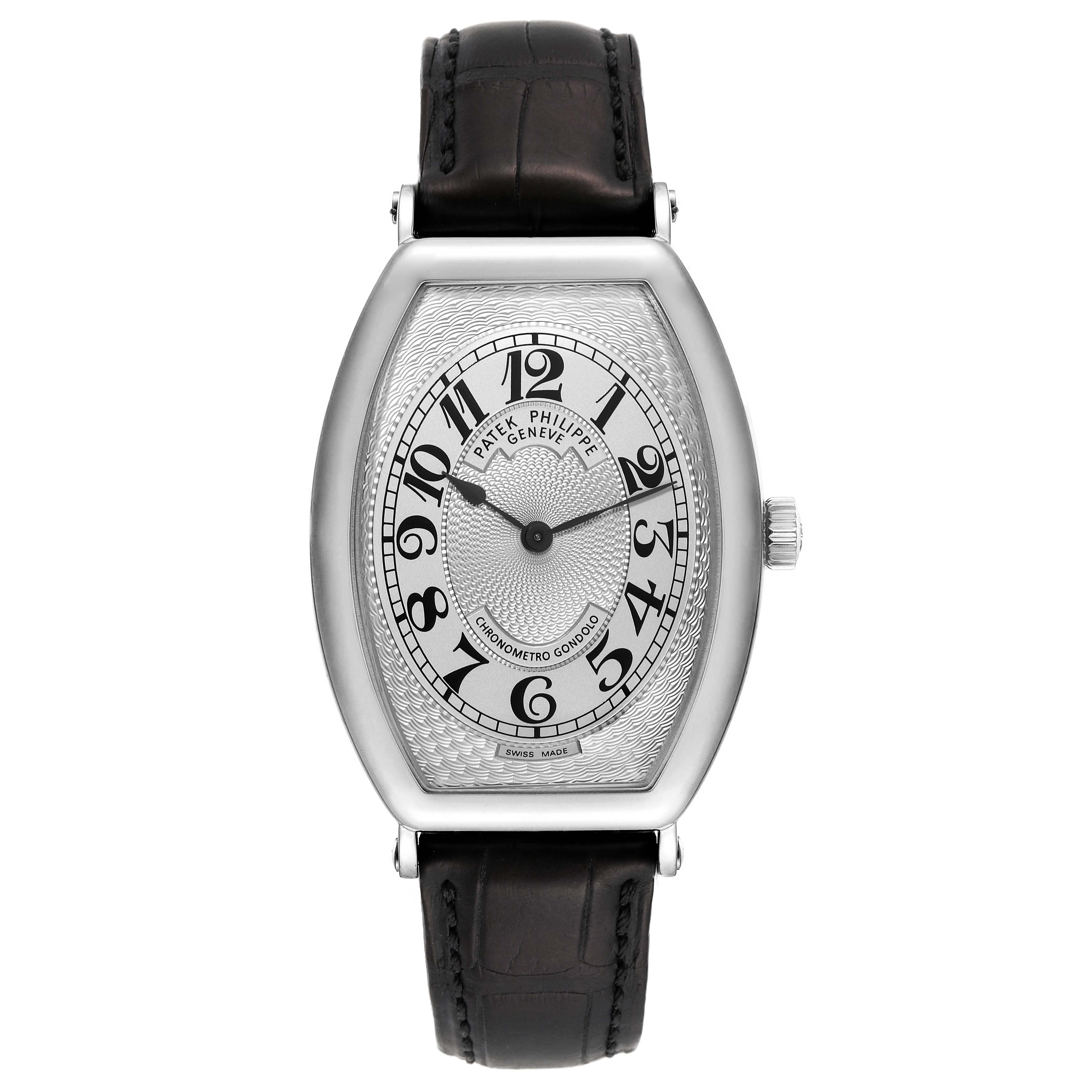The image shows a front view of the Patek Philippe Gondolo 5098P Men's Platinum Silver Dial 5098P Men's Platinum Silver Dial watch, displaying its face, hands, and part of its leather strap.