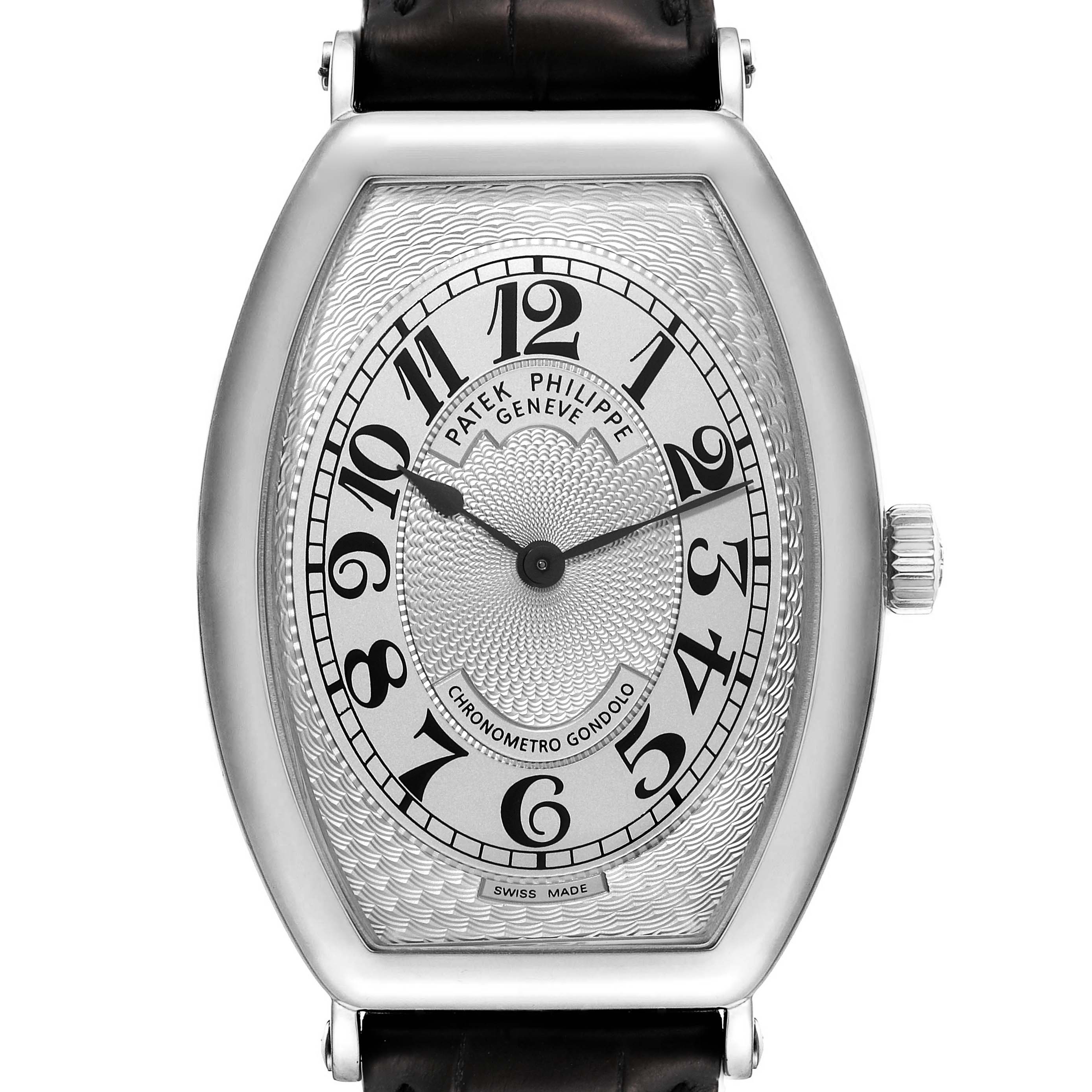 The image shows a front view of the Patek Philippe Gondolo 5098P Men's Platinum Silver Dial 5098P Men's Platinum Silver Dial watch, highlighting its face, dial, and case.