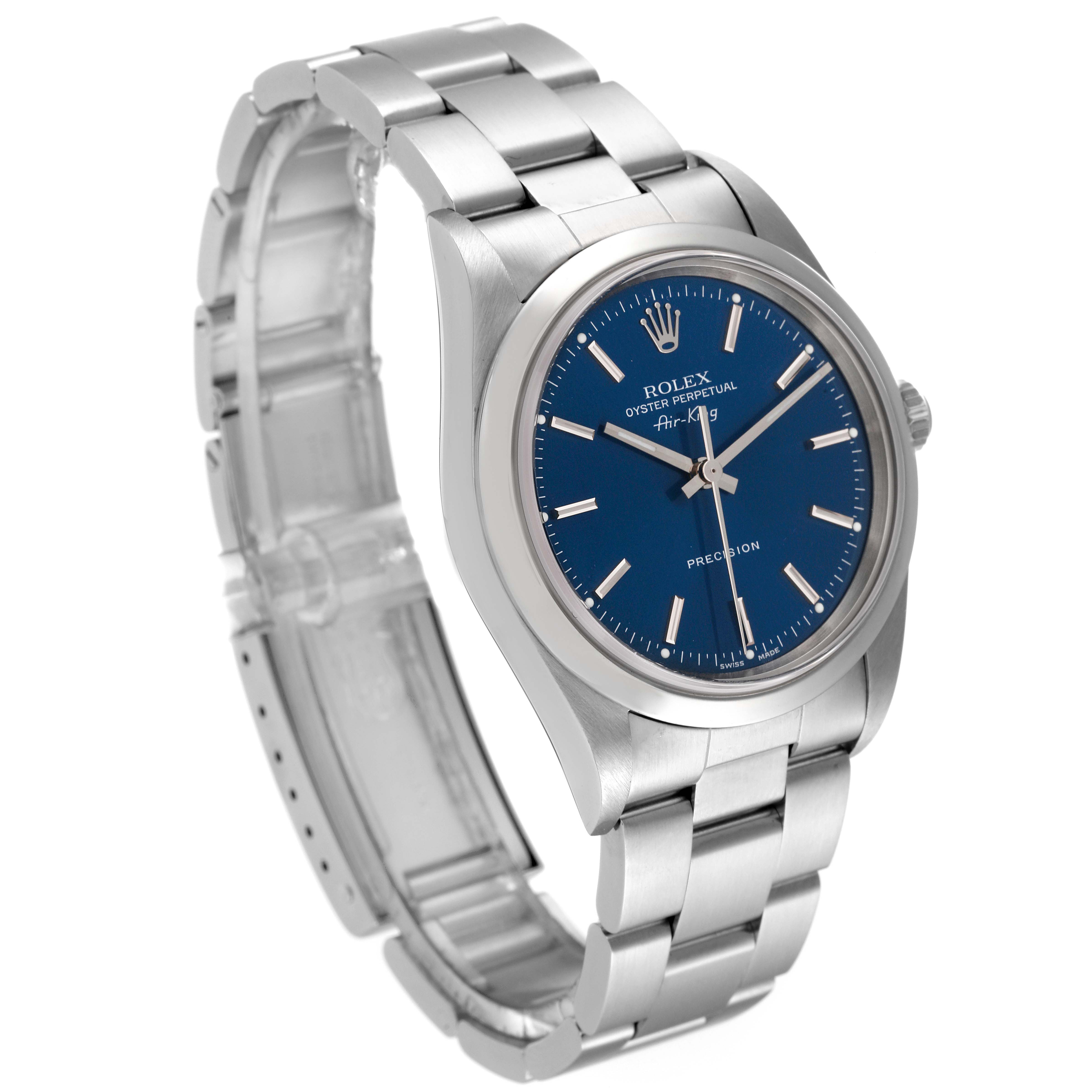 This image shows a Rolex Air-King 14000 Men's Stainless Steel Blue Dial 14000 Men's Stainless Steel Blue Dial watch angled slightly to the left, highlighting its stainless steel bracelet and blue dial.