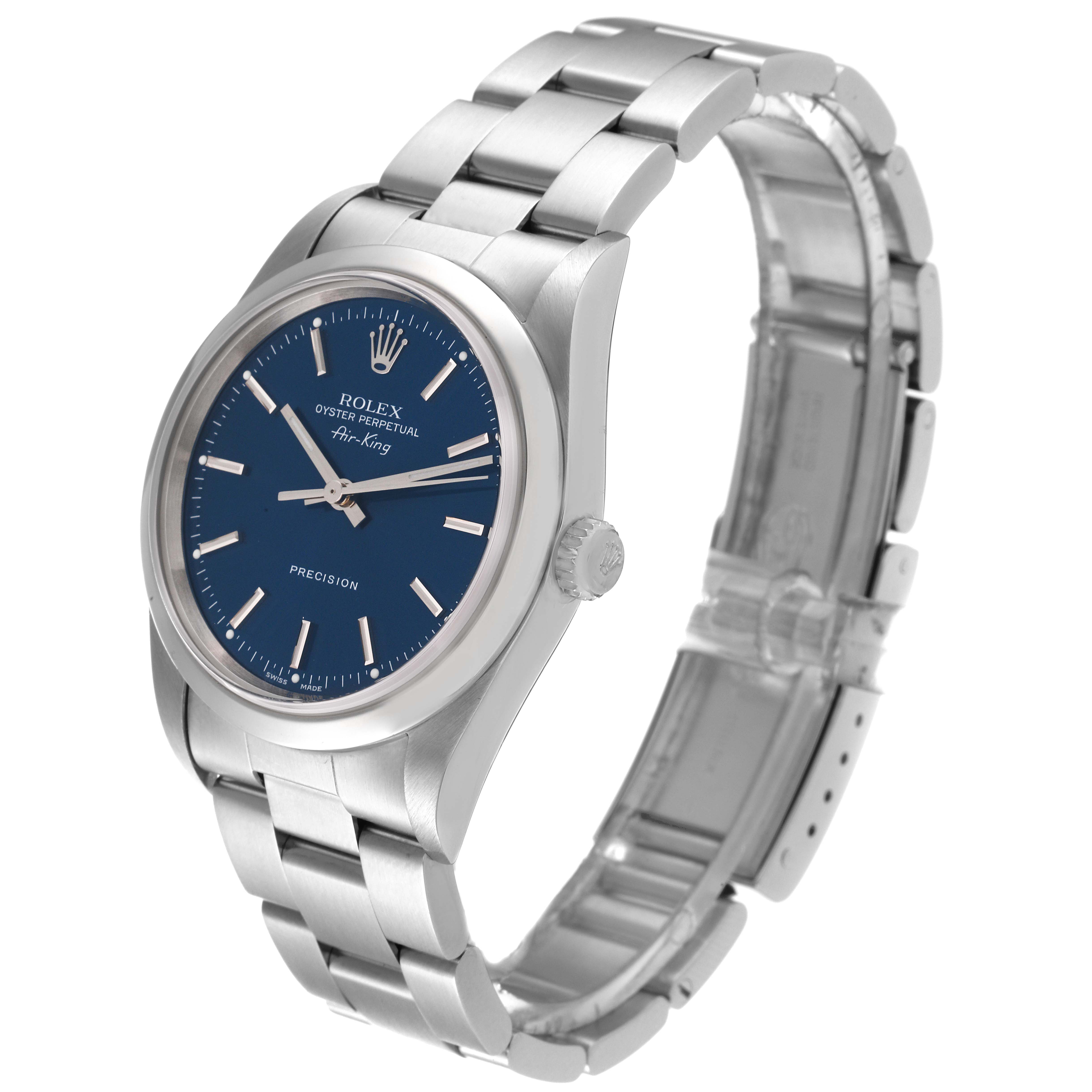 This Rolex Air-King 14000 Men's Stainless Steel Blue Dial 14000 Men's Stainless Steel Blue Dial watch is shown at a slight angle, displaying the blue dial, watch face, crown, and stainless steel bracelet.