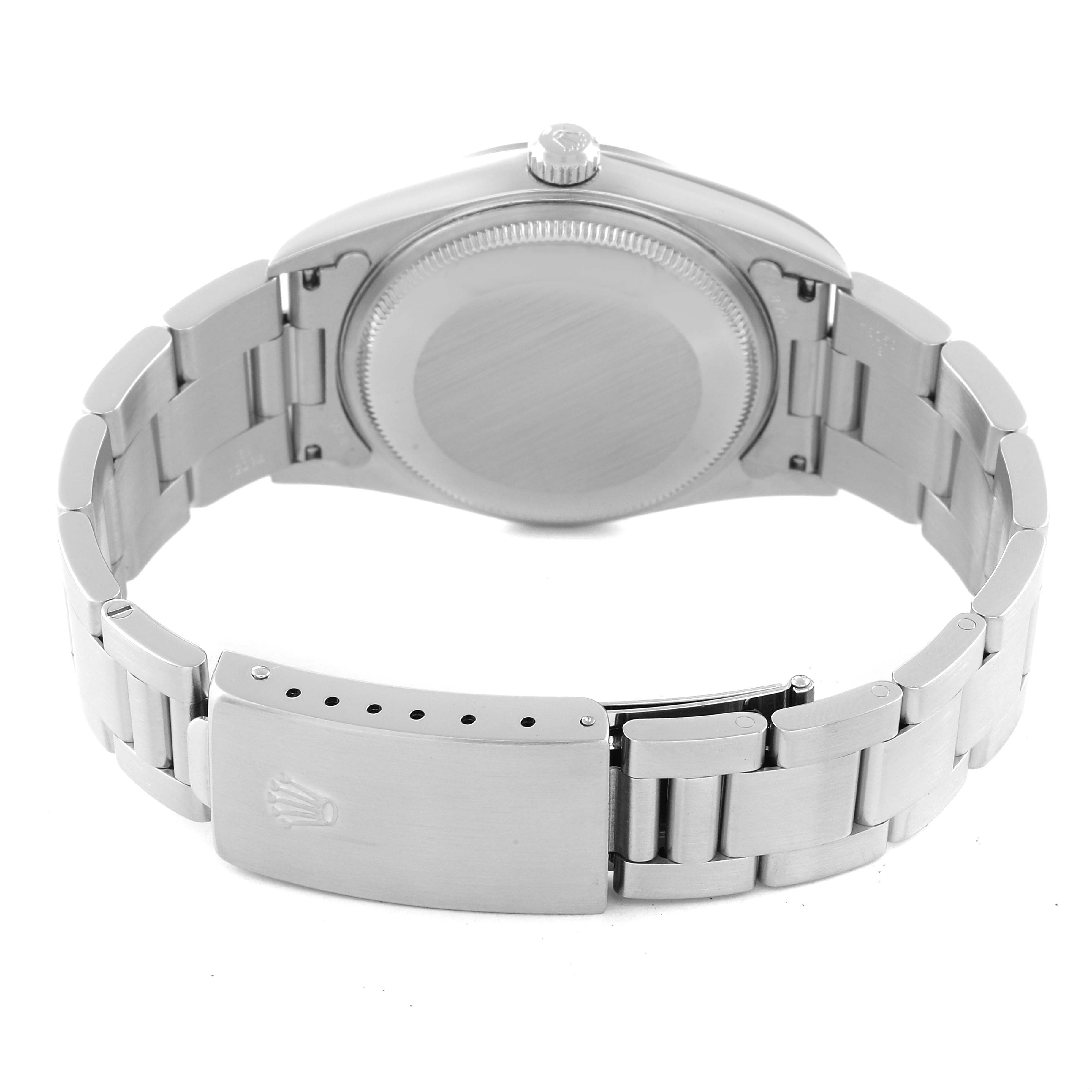 This image shows the back view of the Rolex Air-King 14000 Men's Stainless Steel Blue Dial 14000 Men's Stainless Steel Blue Dial watch including the case back, crown, and bracelet with clasp.