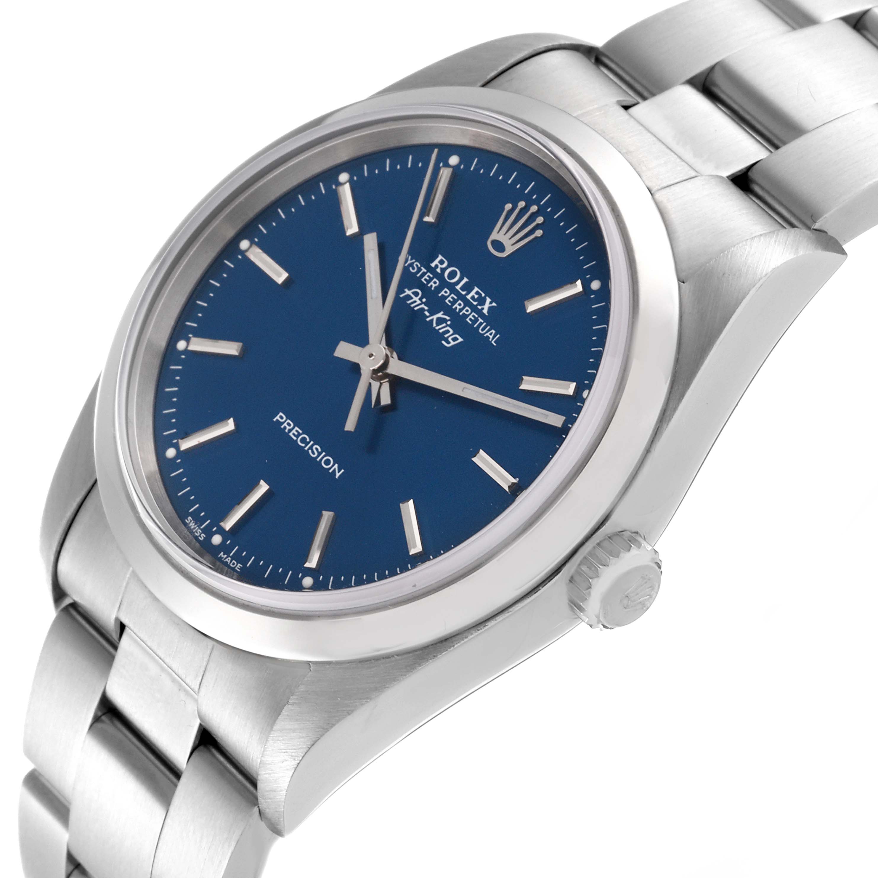 The image displays a side view of a Rolex Air-King 14000 Men's Stainless Steel Blue Dial 14000 Men's Stainless Steel Blue Dial watch, showing the blue dial, metal bracelet, and crown.