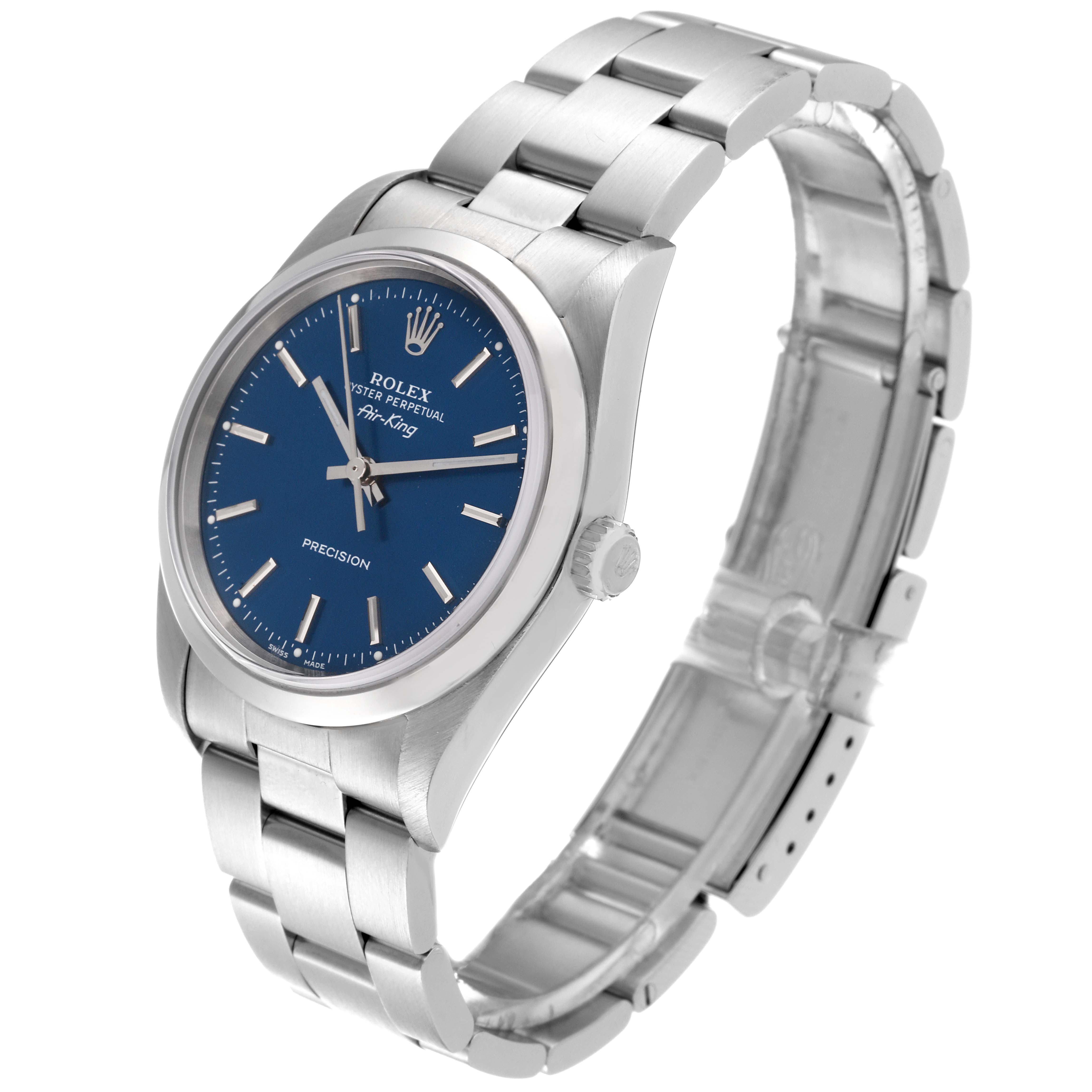 The Rolex Air-King 14000 Men's Stainless Steel Blue Dial 14000 Men's Stainless Steel Blue Dial watch is shown at a three-quarter angle, displaying the face, crown, and bracelet.