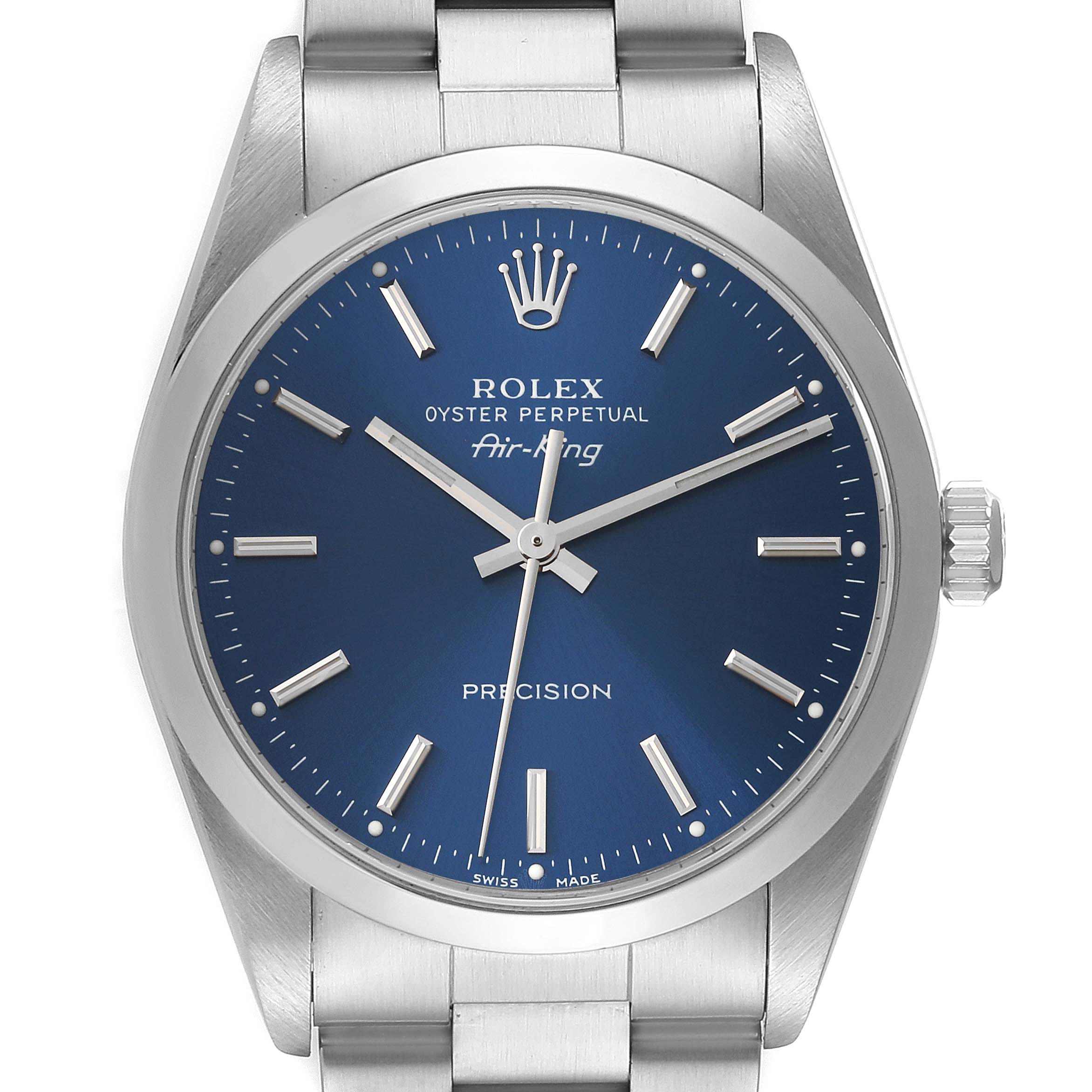 The image shows the face and first link of the Rolex Air-King 14000 Men's Stainless Steel Blue Dial 14000 Men's Stainless Steel Blue Dial watch, taken from a front angle.
