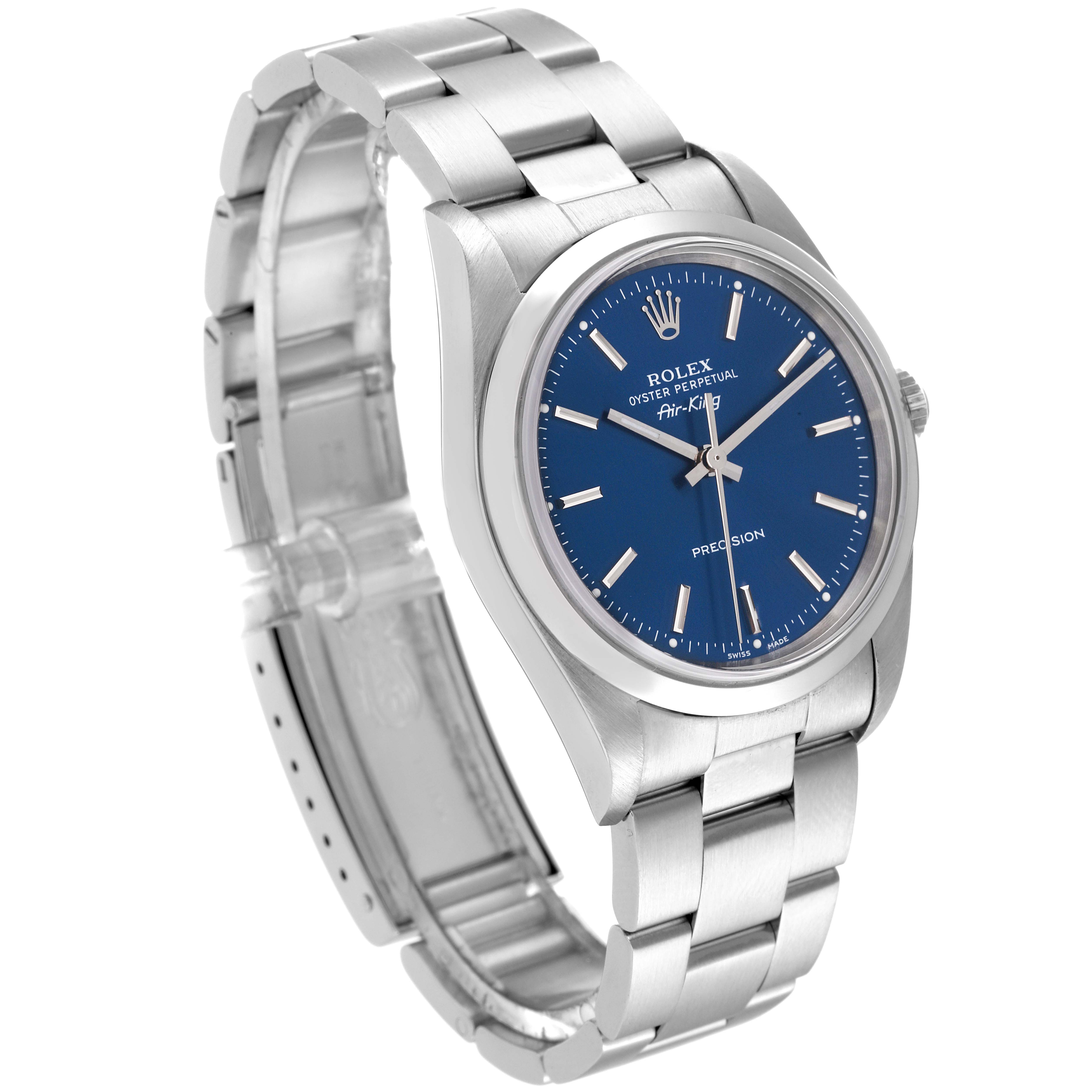 The image shows a Rolex Air-King 14000 Men's Stainless Steel Blue Dial 14000 Men's Stainless Steel Blue Dial watch at a three-quarter angle, highlighting its blue dial, stainless steel case, and bracelet.