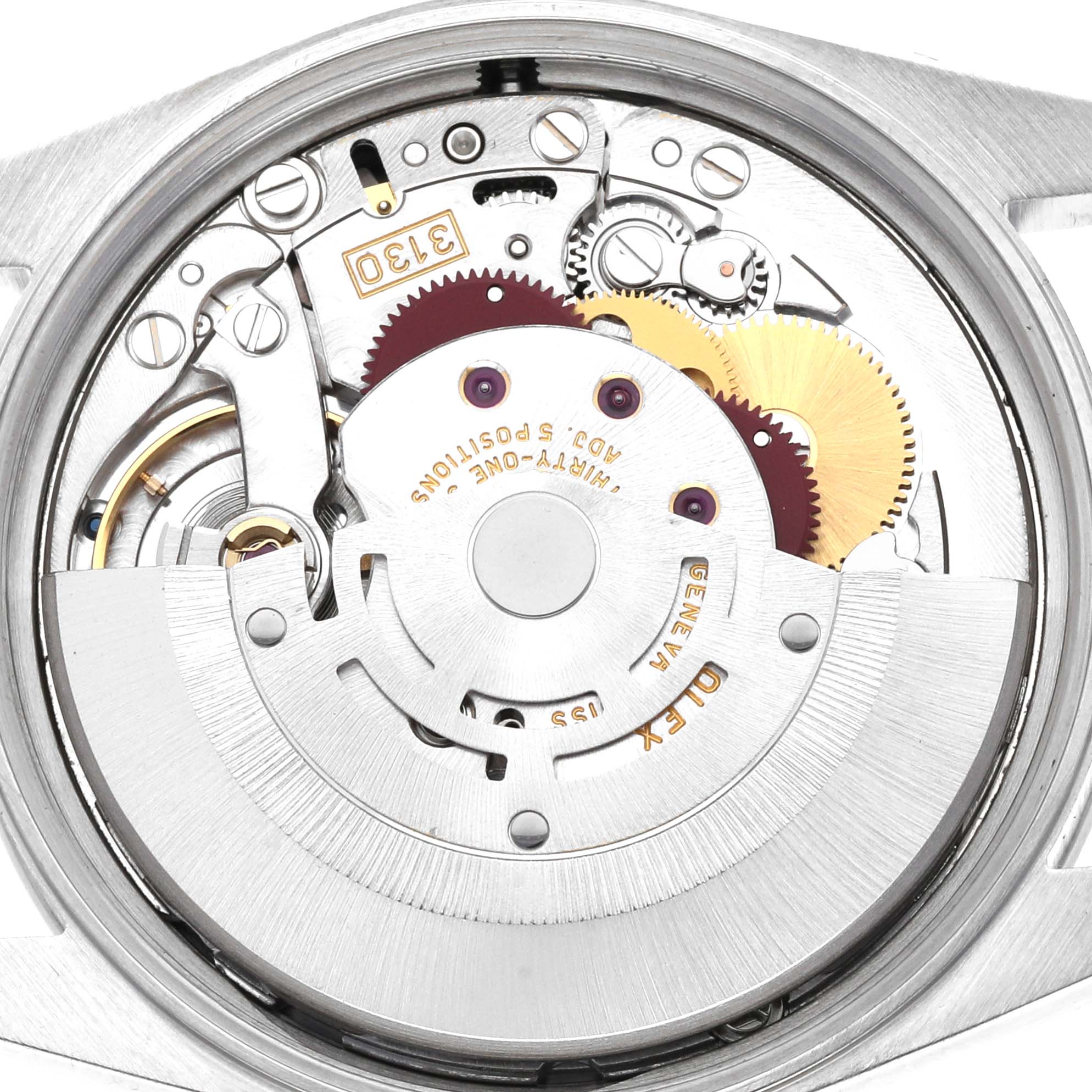 Shown is the internal movement mechanism of the Rolex Air-King 14000M Men's Stainless Steel Black Dial 14000M Men's Stainless Steel Black Dial watch, viewed from the back.