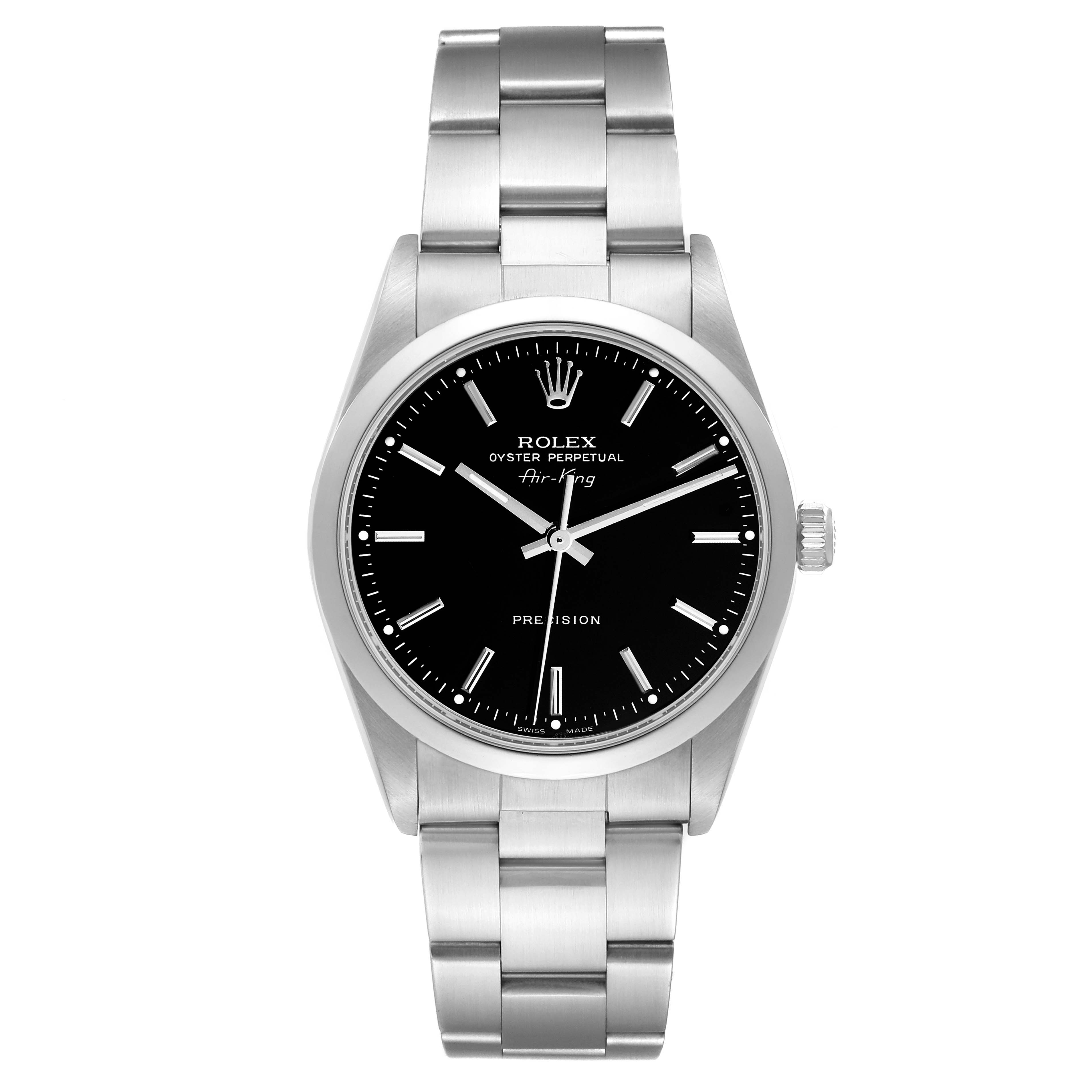 This image shows a front view of the entire Rolex Air-King 14000M Men's Stainless Steel Black Dial 14000M Men's Stainless Steel Black Dial watch, displaying its black dial, silver hands, and metal bracelet.