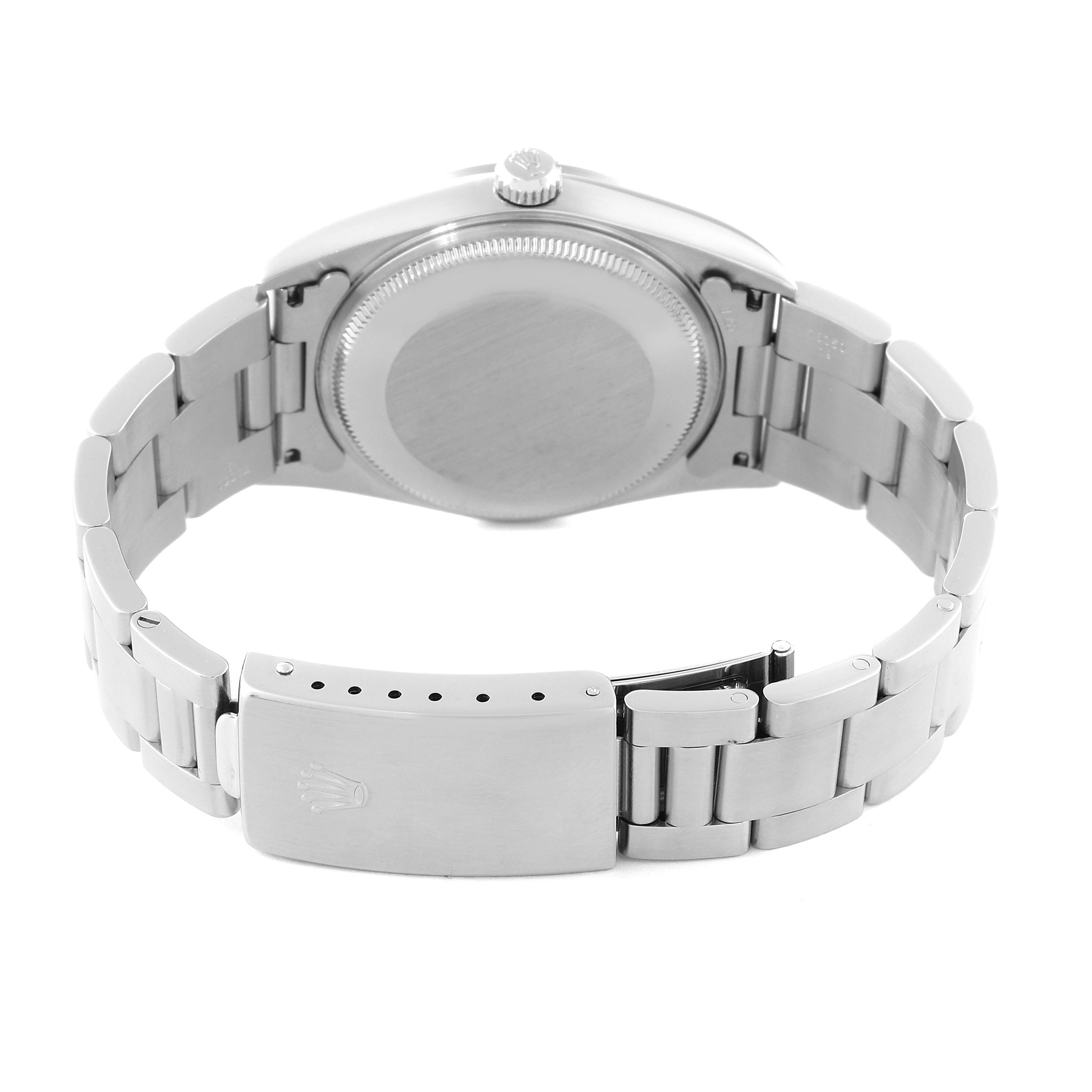 The image shows the case back and bracelet clasp of a Rolex Air-King 14000M Men's Stainless Steel Black Dial 14000M Men's Stainless Steel Black Dial watch from a rear angle.