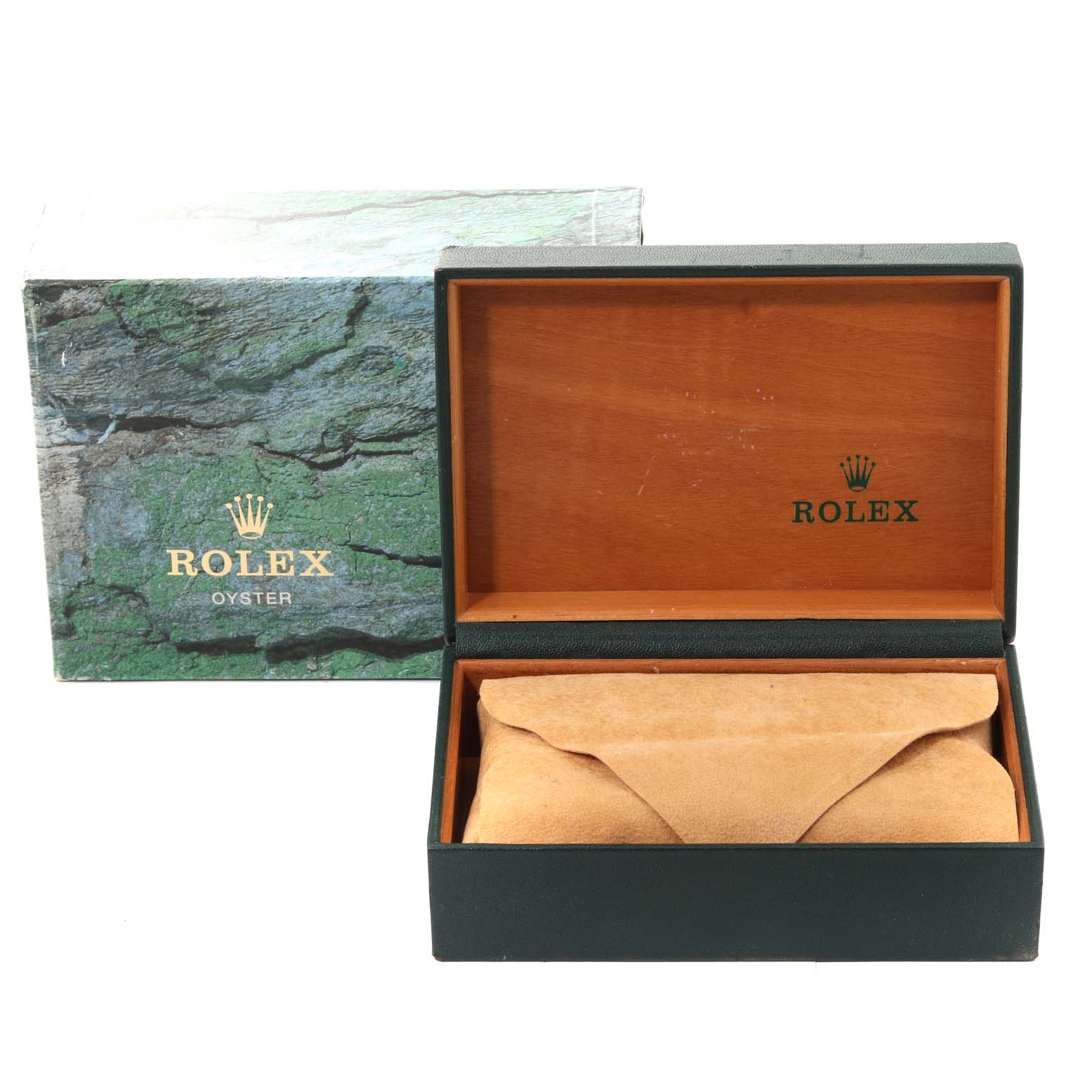 This image shows the packaging and box for a Rolex Air-King 14000M Men's Stainless Steel Black Dial 14000M Men's Stainless Steel Black Dial watch, with the outer box and inner wooden box visible.