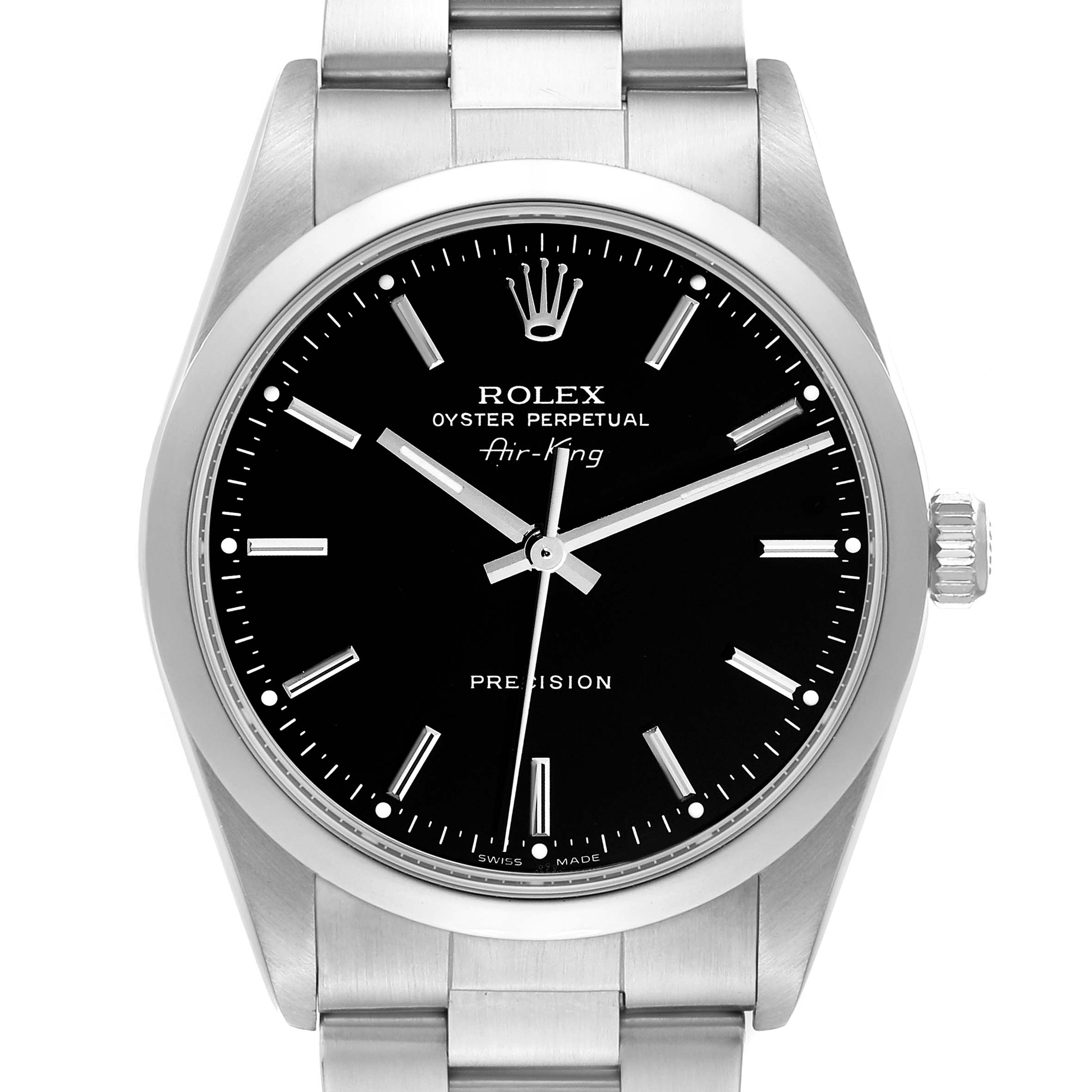 The image displays a front angle of a Rolex Air-King 14000M Men's Stainless Steel Black Dial 14000M Men's Stainless Steel Black Dial watch, showcasing its black dial, hour markers, hands, and stainless steel bracelet.