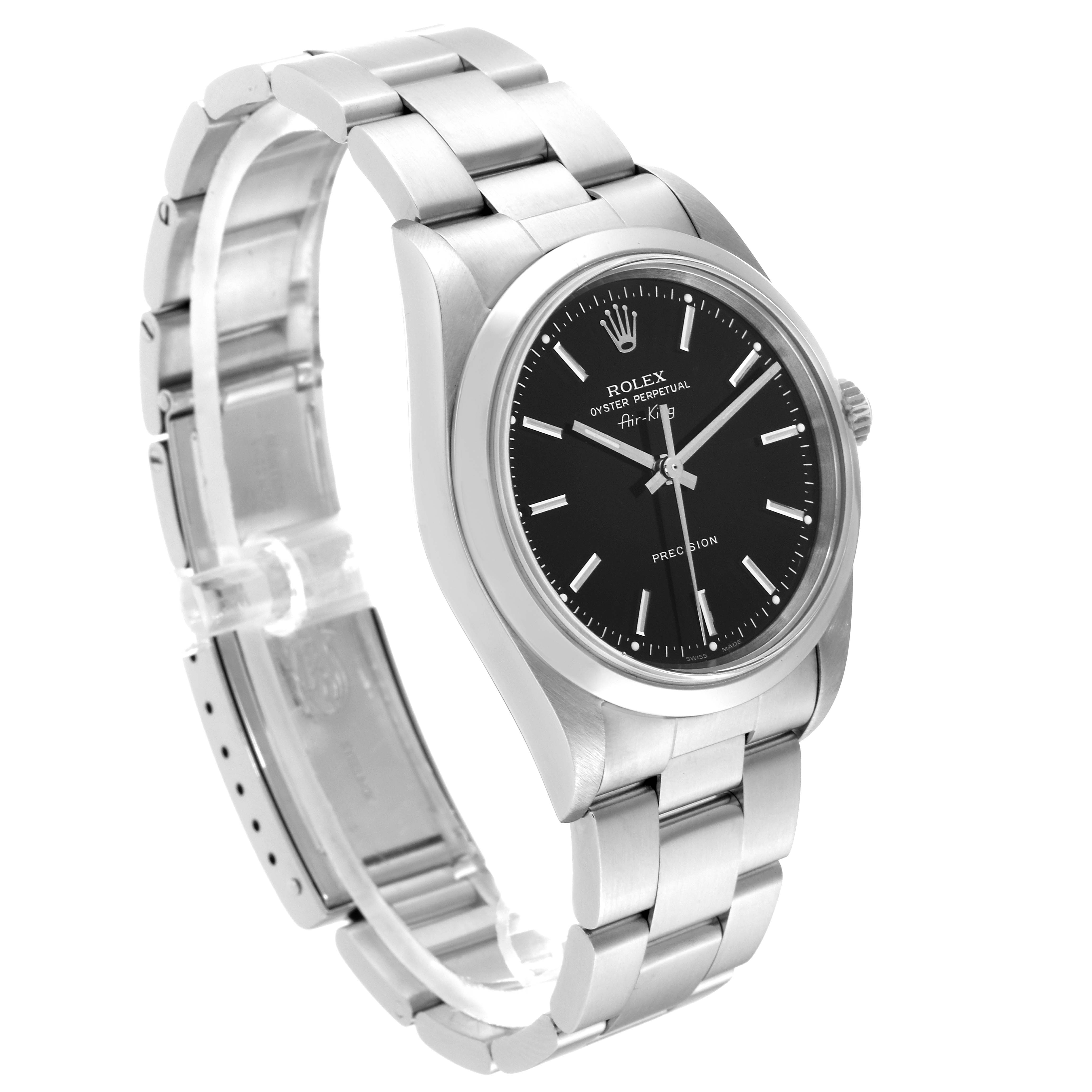 The image shows a side angle view of the Rolex Air-King 14000M Men's Stainless Steel Black Dial 14000M Men's Stainless Steel Black Dial watch, highlighting its bracelet, black dial, and crown.