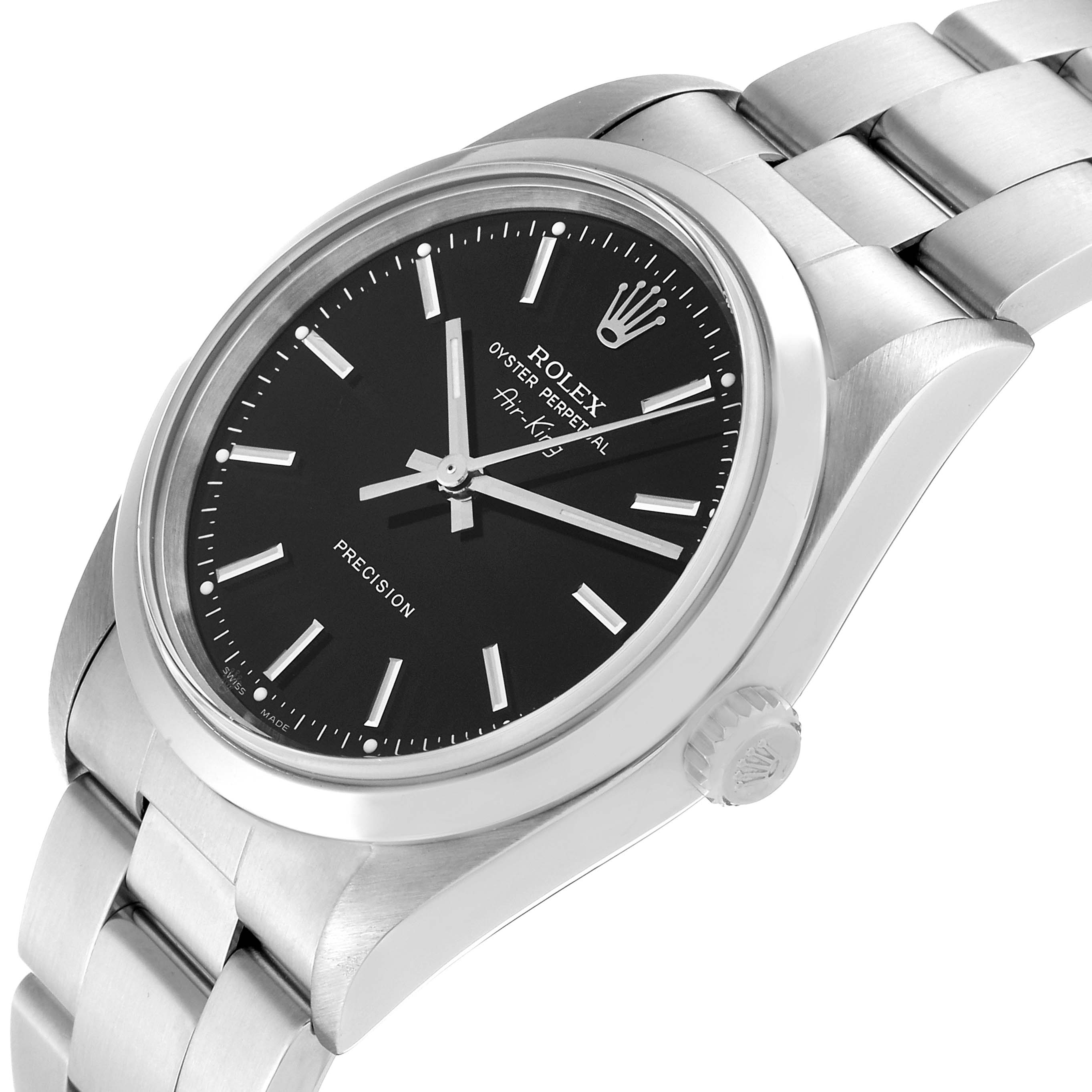 The image shows a Rolex Air-King 14000M Men's Stainless Steel Black Dial 14000M Men's Stainless Steel Black Dial watch at a slight angle, highlighting the face, crown, and part of the bracelet.