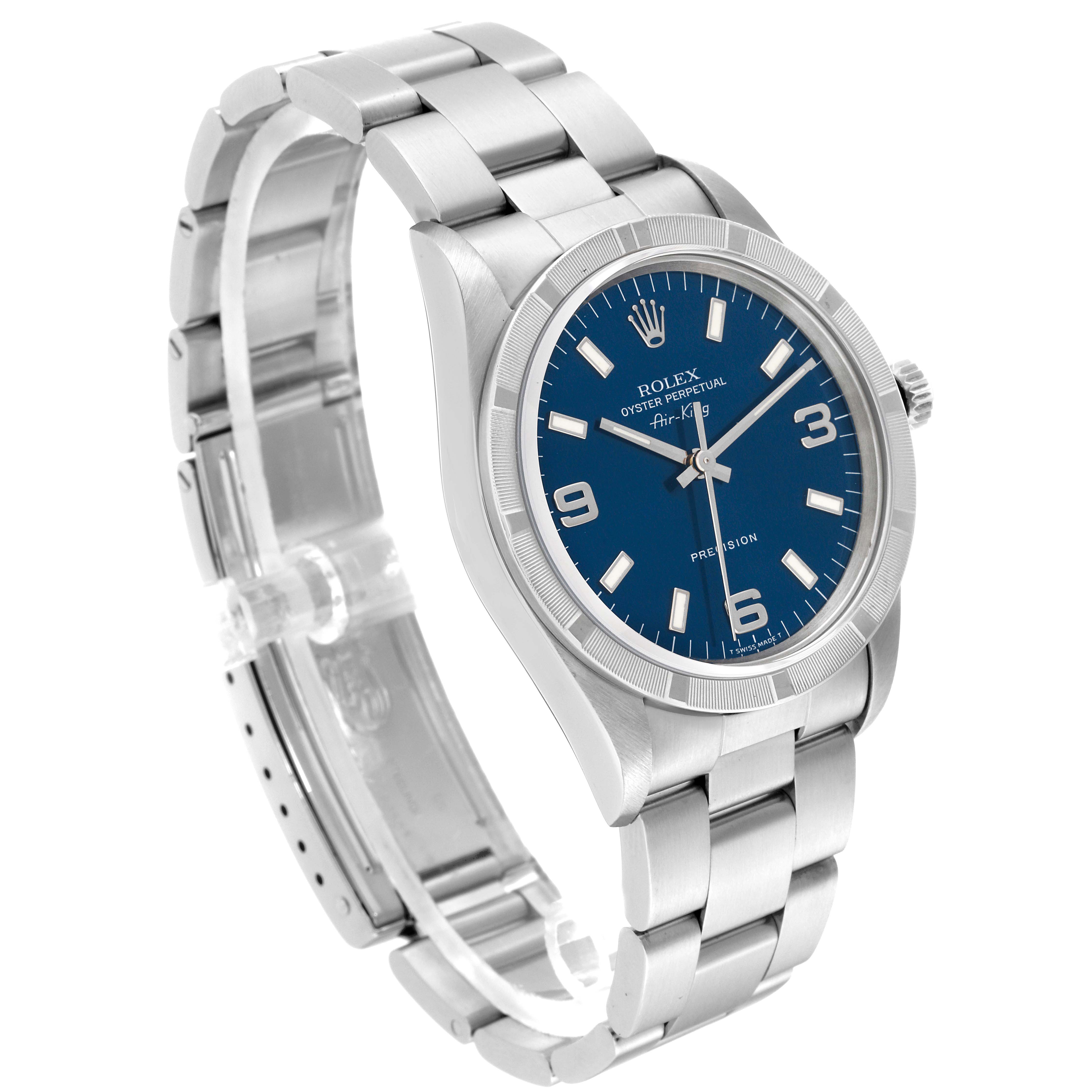 The image shows a Rolex Air-King 14010 Men's Stainless Steel Blue Dial 14010 Men's Stainless Steel Blue Dial watch at a slight side angle, highlighting the dial, bezel, bracelet, and clasp.