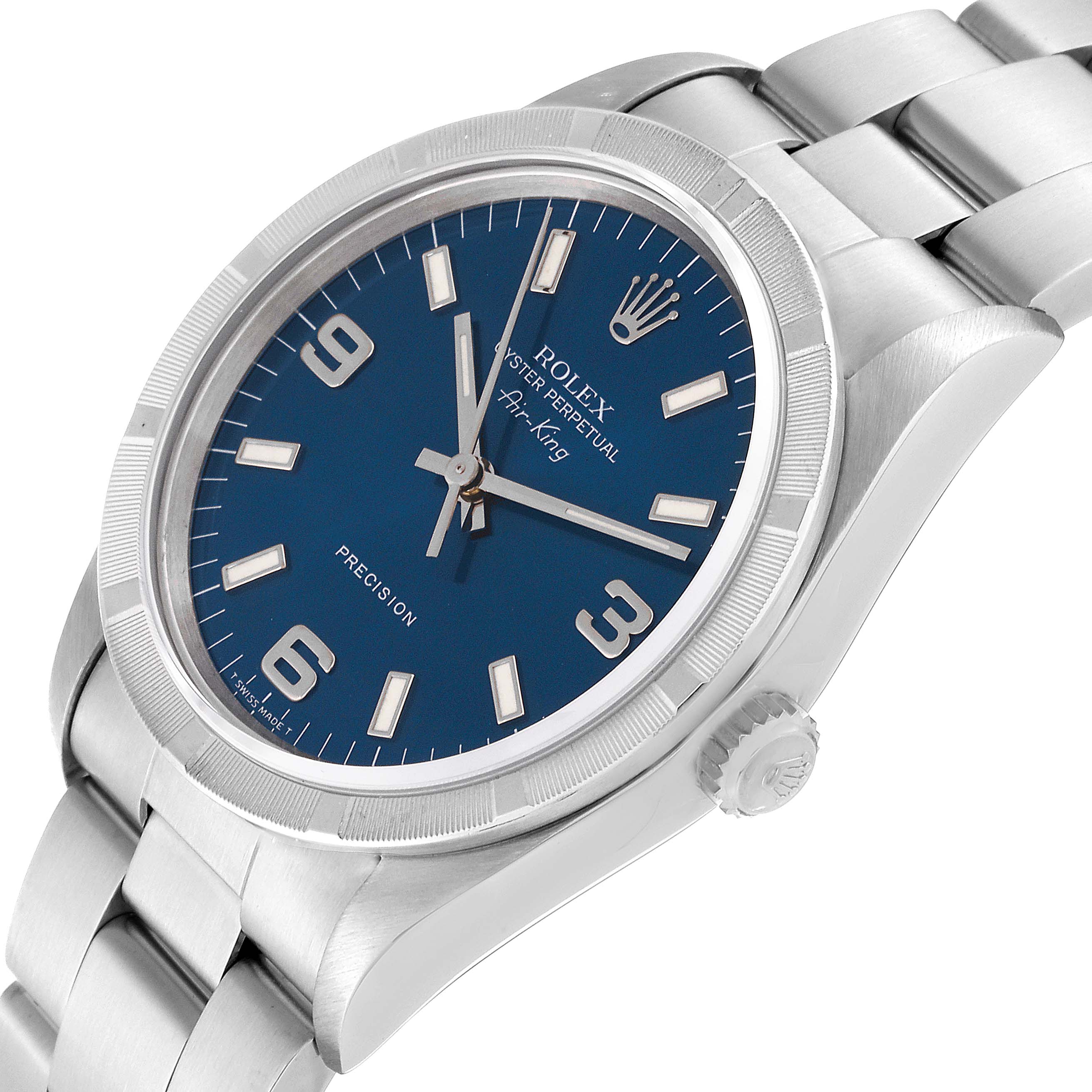The Rolex Air-King 14010 Men's Stainless Steel Blue Dial 14010 Men's Stainless Steel Blue Dial watch is shown at a slight angle, highlighting the blue dial, crown, and bracelet.