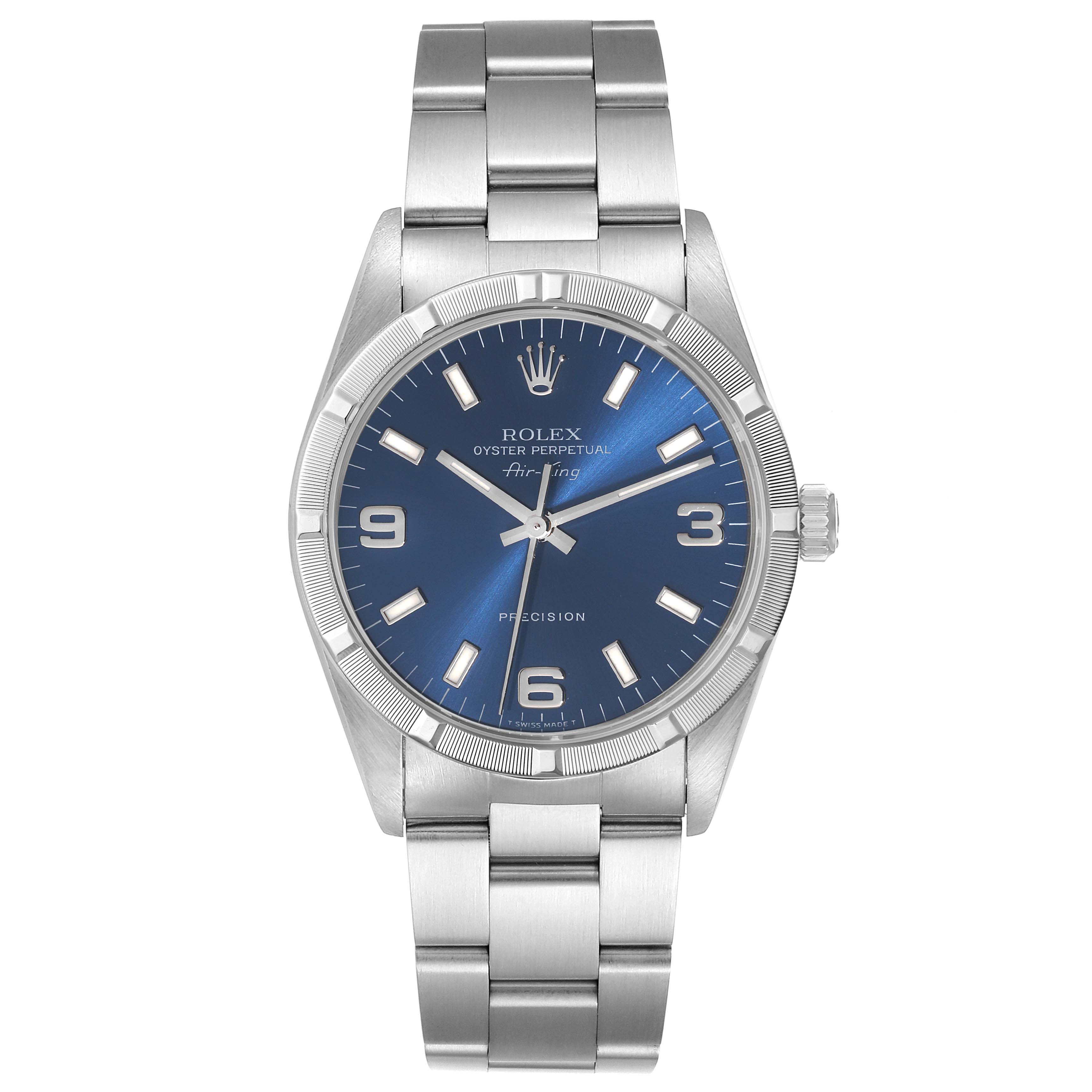 The image shows a front view of the Rolex Air-King 14010 Men's Stainless Steel Blue Dial 14010 Men's Stainless Steel Blue Dial model, featuring its bracelet, case, dial, hands, and crown.