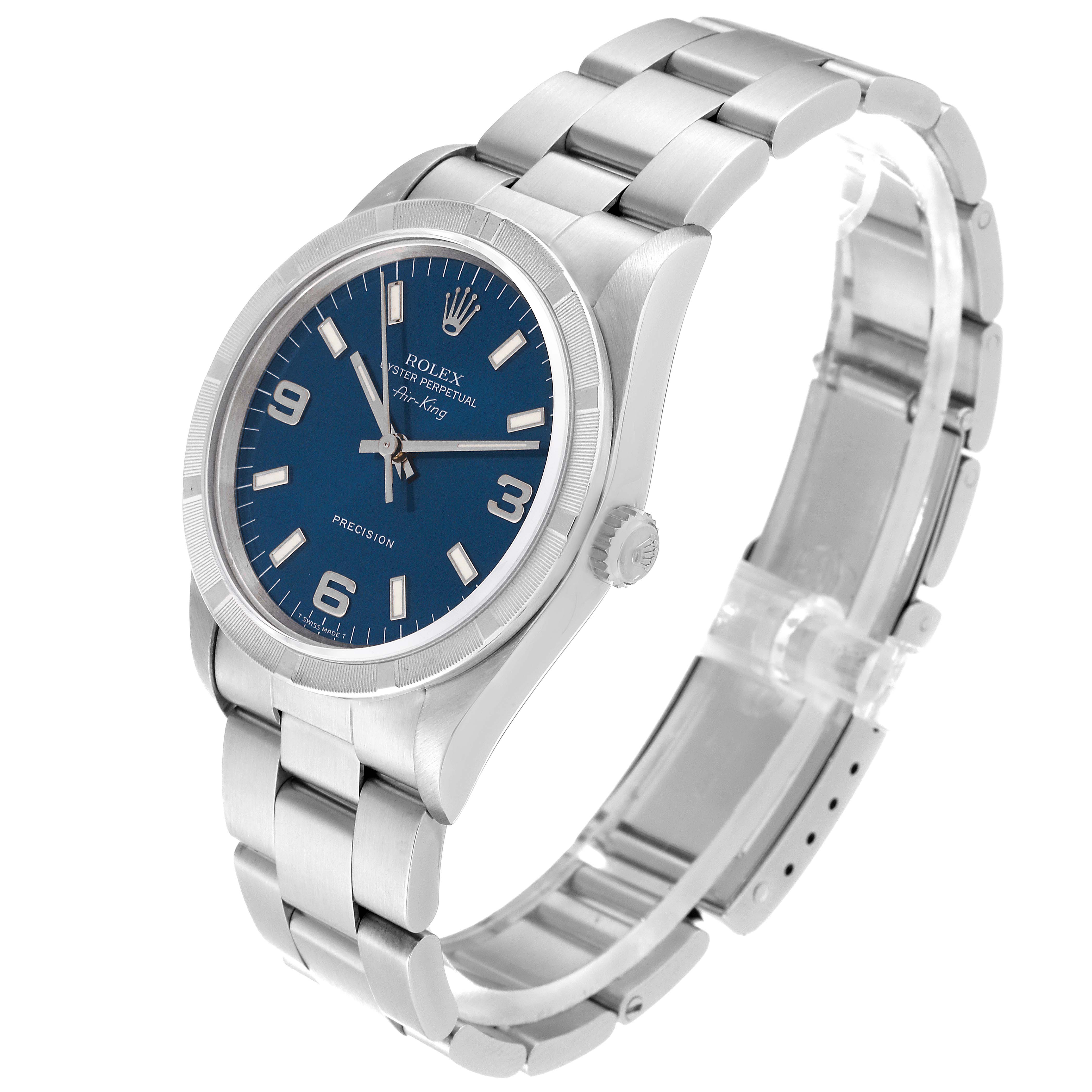 The image shows a Rolex Air-King 14010 Men's Stainless Steel Blue Dial 14010 Men's Stainless Steel Blue Dial watch at a three-quarter angle, highlighting its blue dial, silver bezel, and metal bracelet.